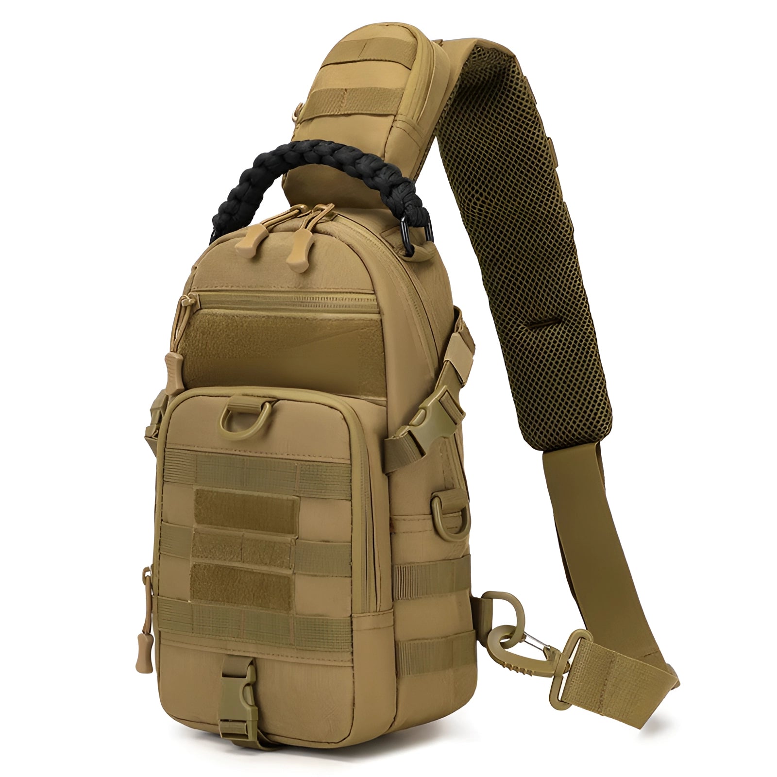 Tactical chest bag in khaki color, featuring durable construction with modular pouches, suitable for outdoor use.