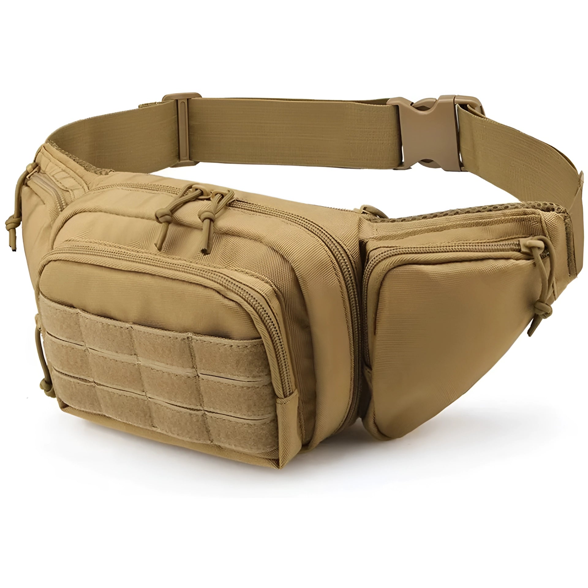 Khaki tactical fanny pack for concealed carry gun holster and EDC waist bag, rectangular shape, beige-brown color, with comfortable strap.