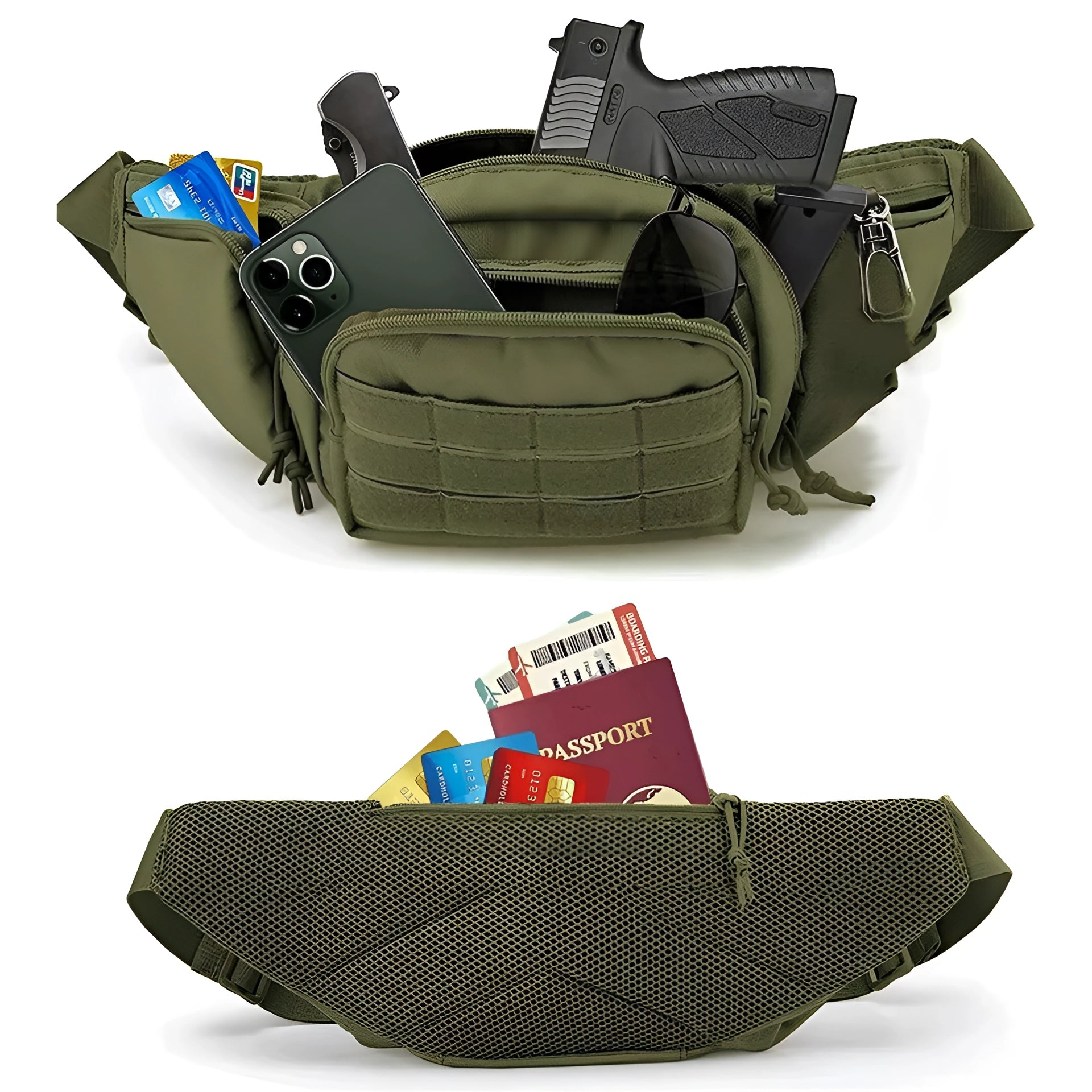 Tactical fanny pack in camouflage pattern designed for concealed carry gun holster and everyday carry, displayed against a white background.