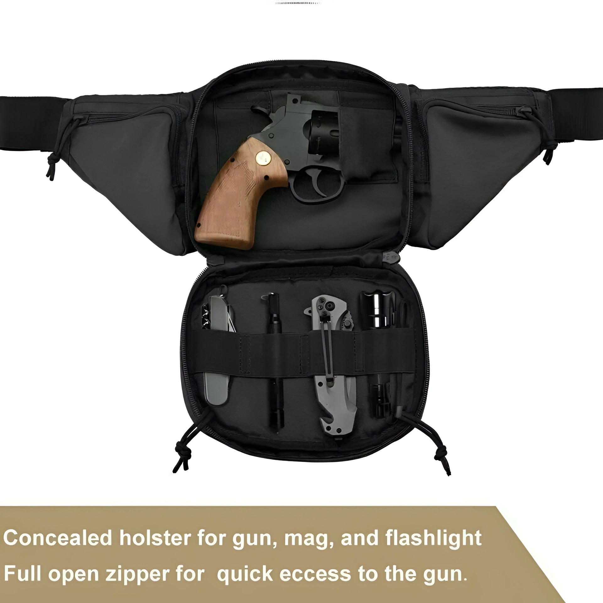 Tactical fanny pack with concealed carry gun holster and EDC waist bag shown with adjustable strap and multiple compartments.