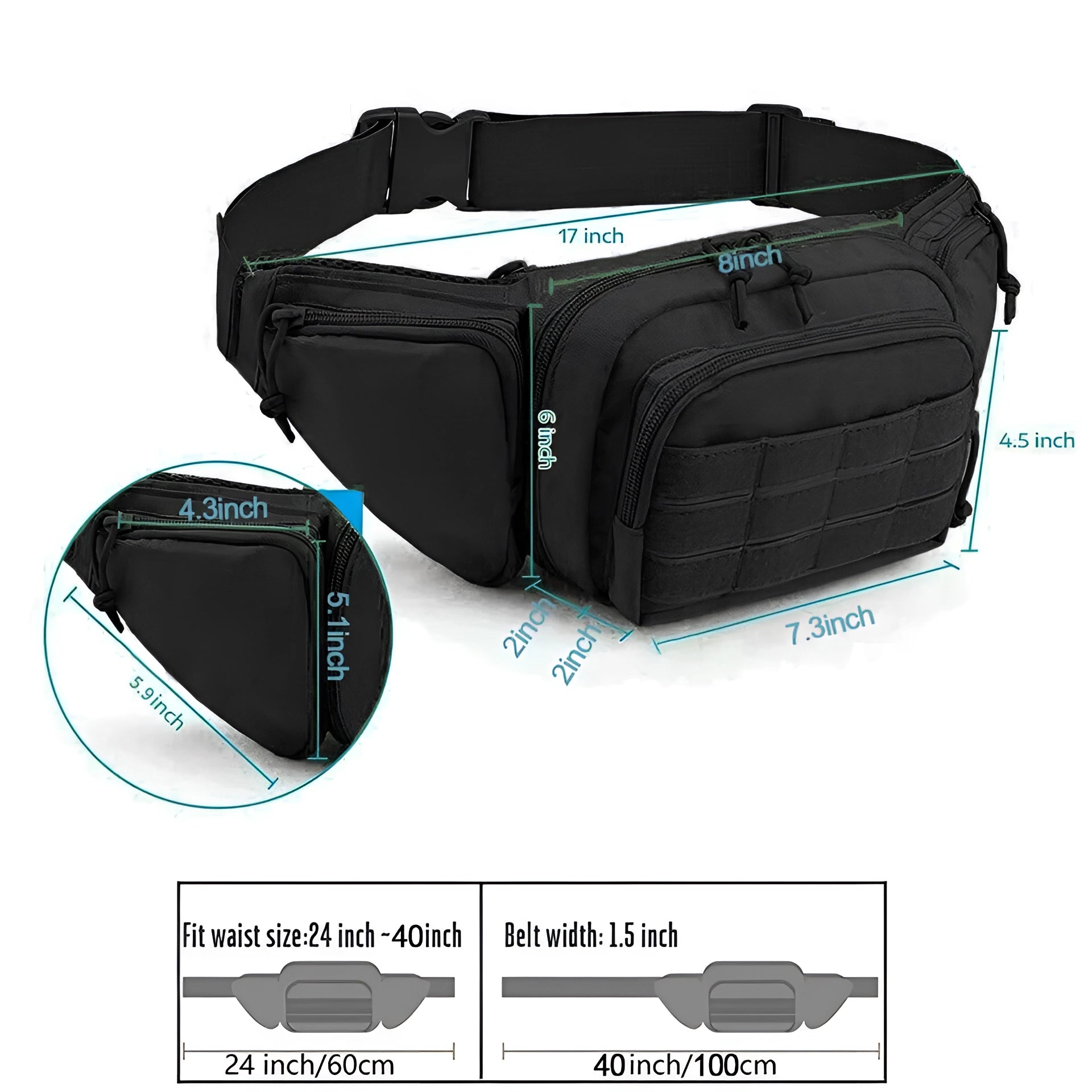 Tactical fanny pack for concealed carry and EDC, featuring multiple compartments, black color, durable material, adjustable waist strap.