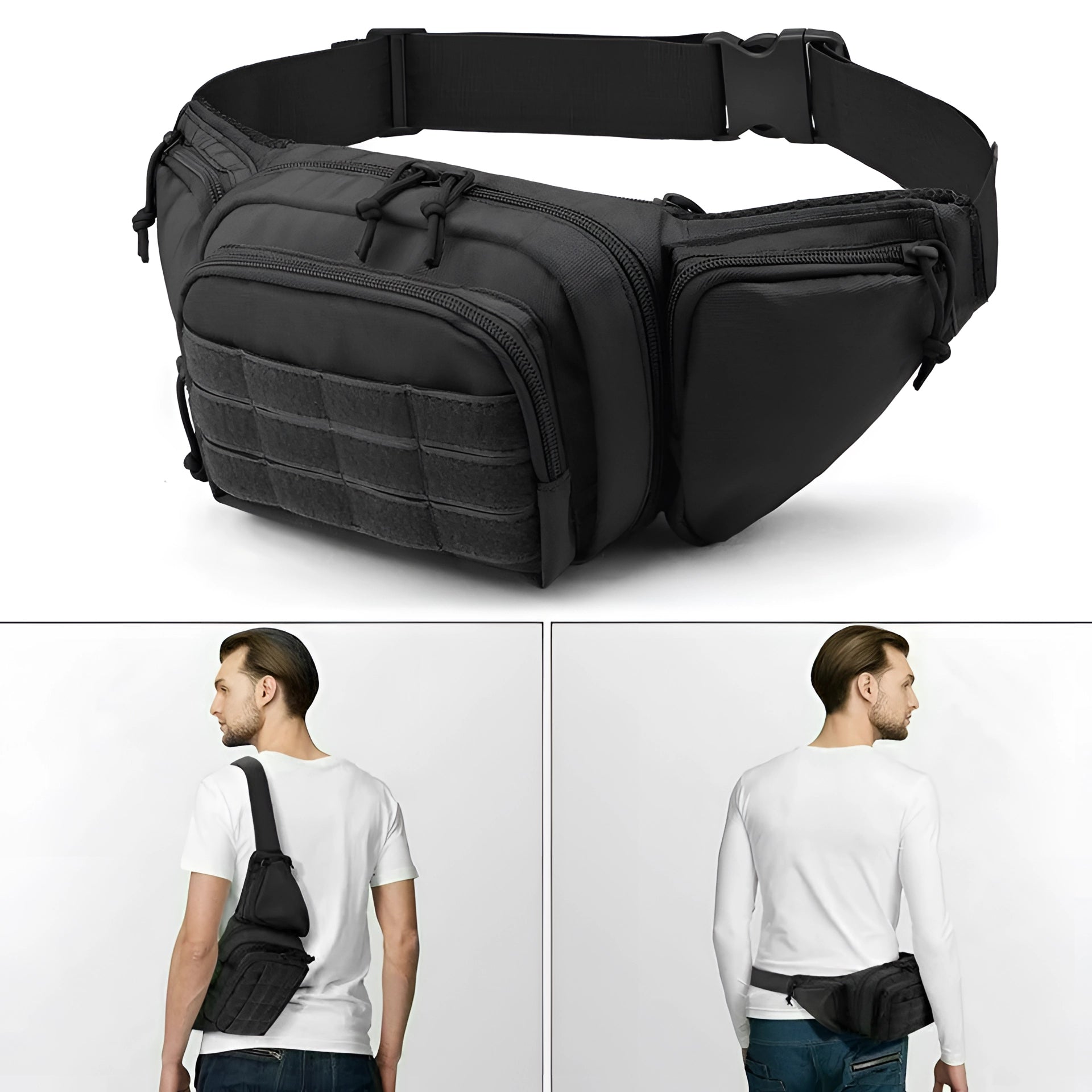 Tactical fanny pack for concealed carry, shown in black with multiple compartments, suitable for EDC items.