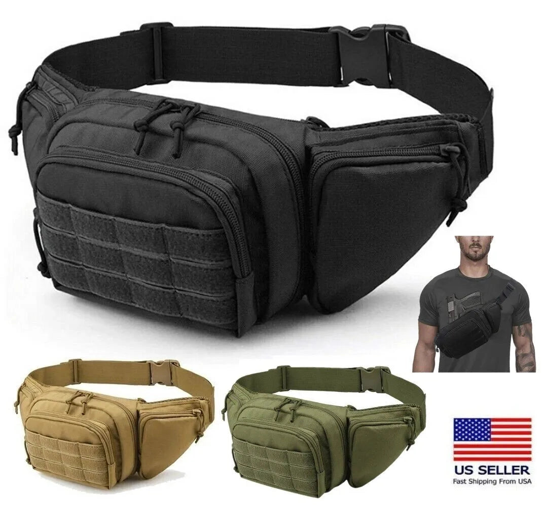 Tactical fanny pack for concealed carry, featuring multiple compartments, designed for EDC, shown in white.