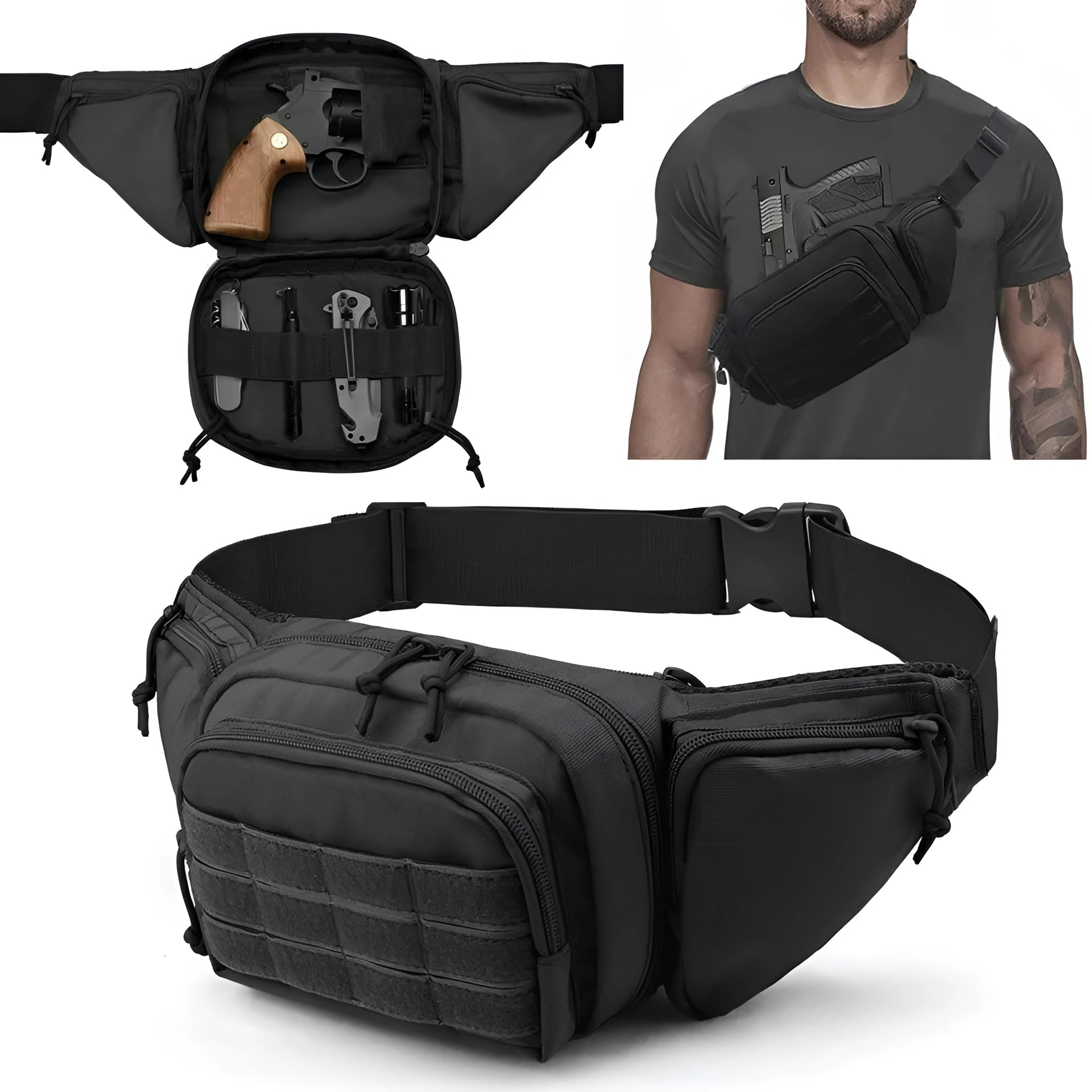 Tactical fanny pack for concealed carry in black, designed with multiple compartments and adjustable waist strap, suitable for everyday carry (EDC) and outdoor activities.