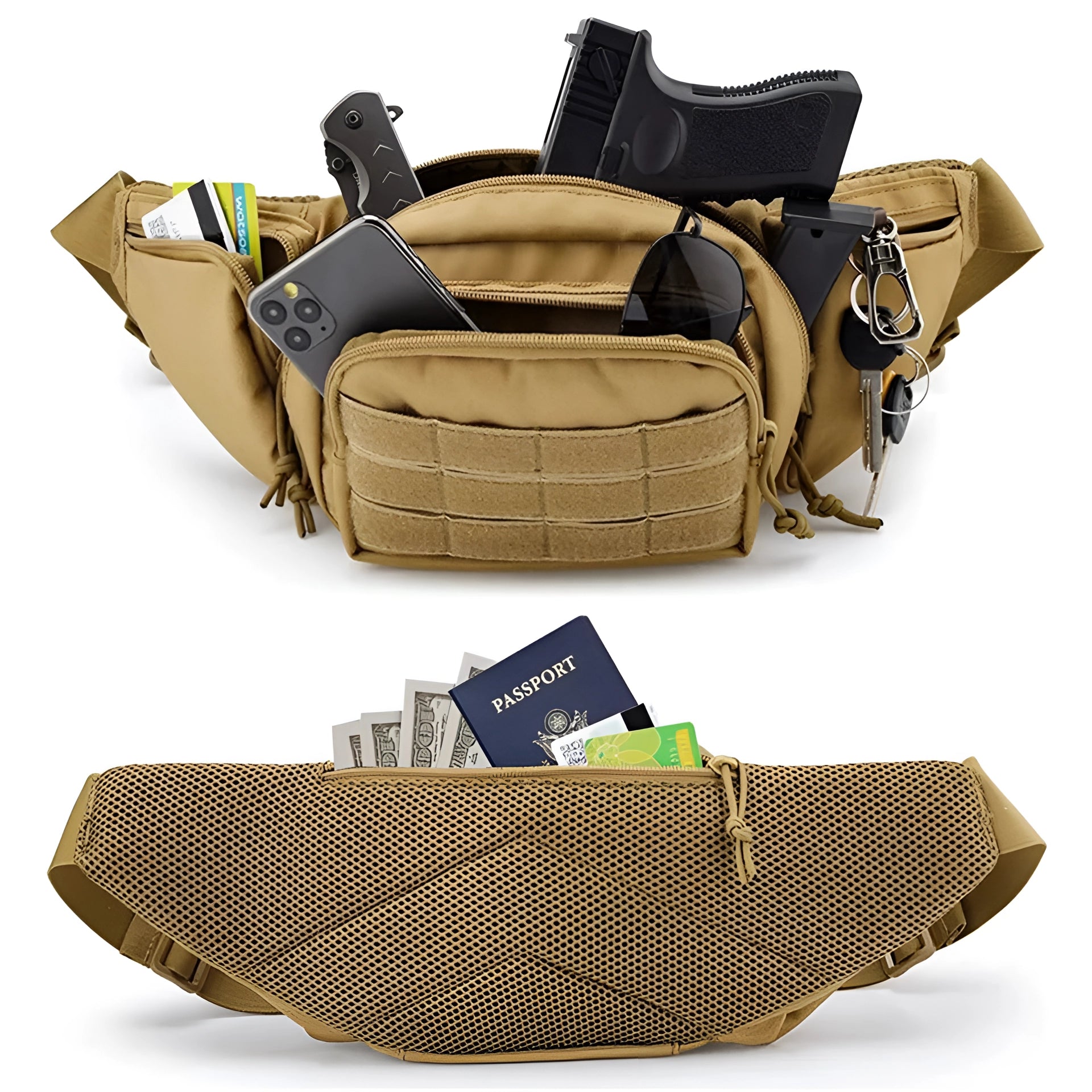 Tactical Fanny Pack in khaki, suitable for concealed carry gun holster and everyday carry (EDC), featuring multiple compartments and adjustable waist strap.