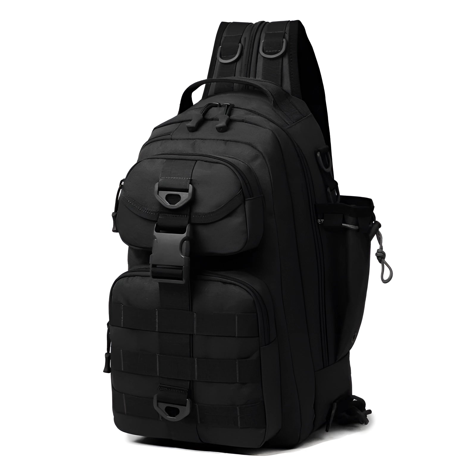 Black tactical fishing backpack designed as a waterproof sling bag with a rod holder.