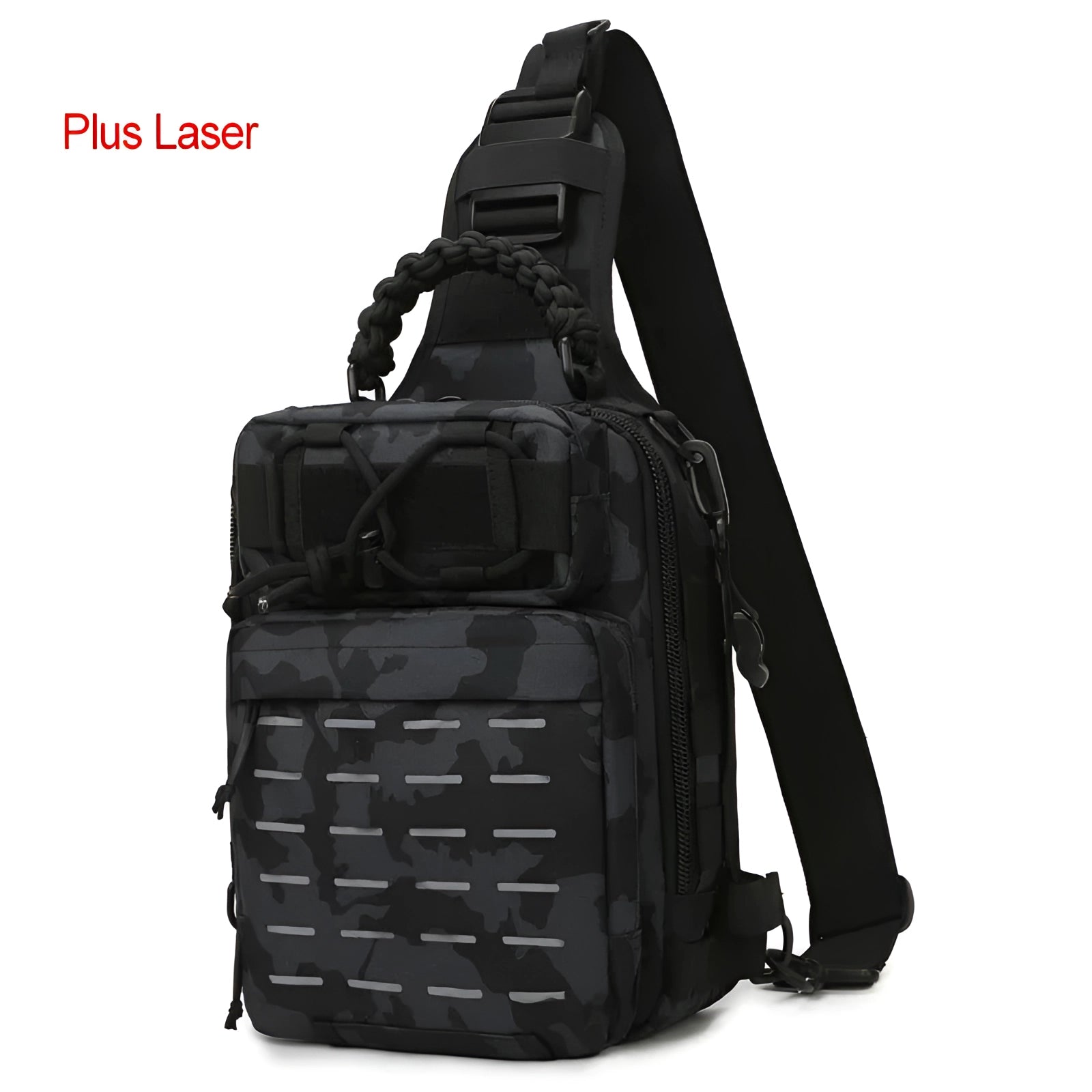 Tactical fishing backpack in plus black camo design, featuring a water-resistant, lightweight, and modular build, ideal for travel and outdoor events.