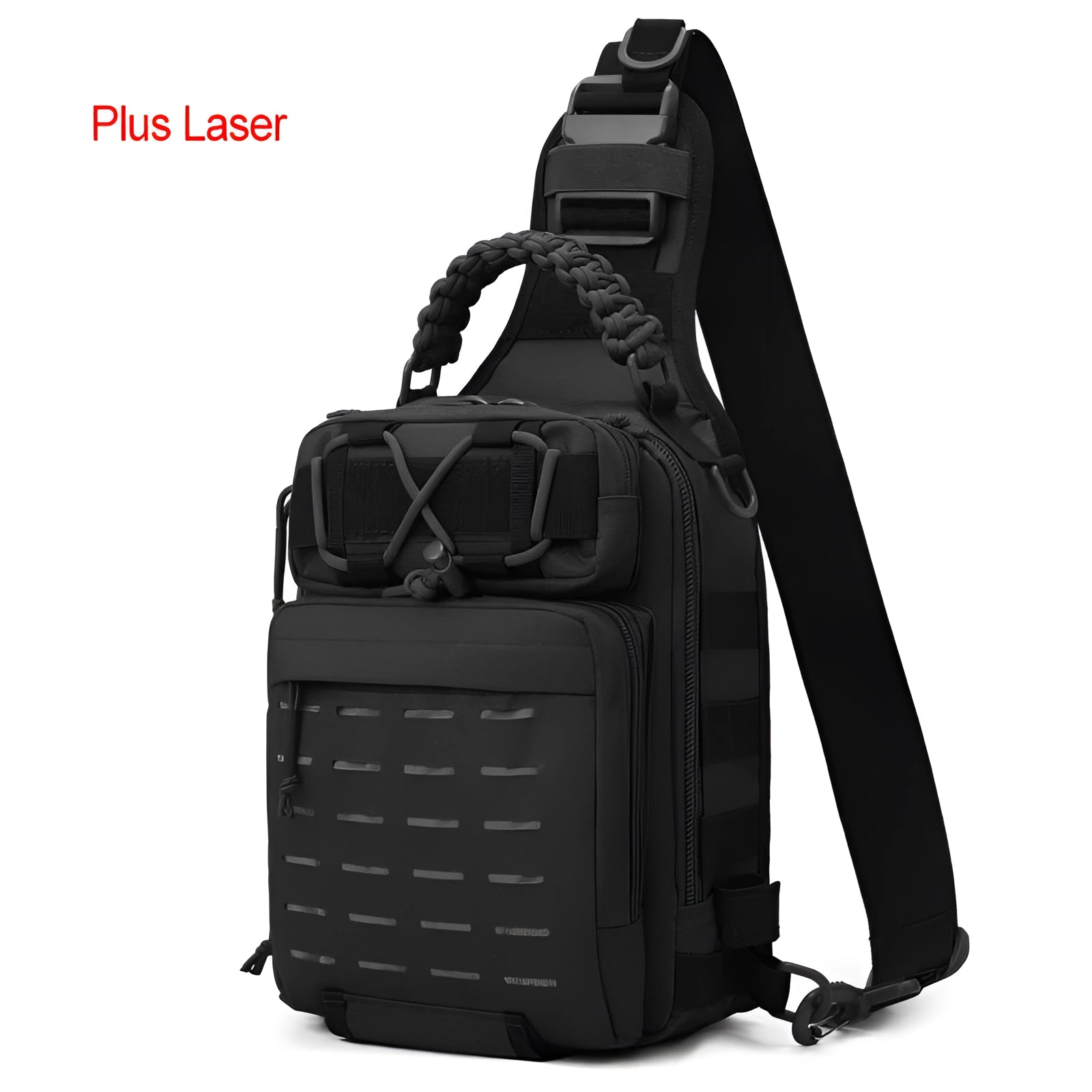 Tactical fishing backpack in black, featuring a water-resistant, lightweight, and modular design with adjustable straps, ideal for travel and outdoor adventures.