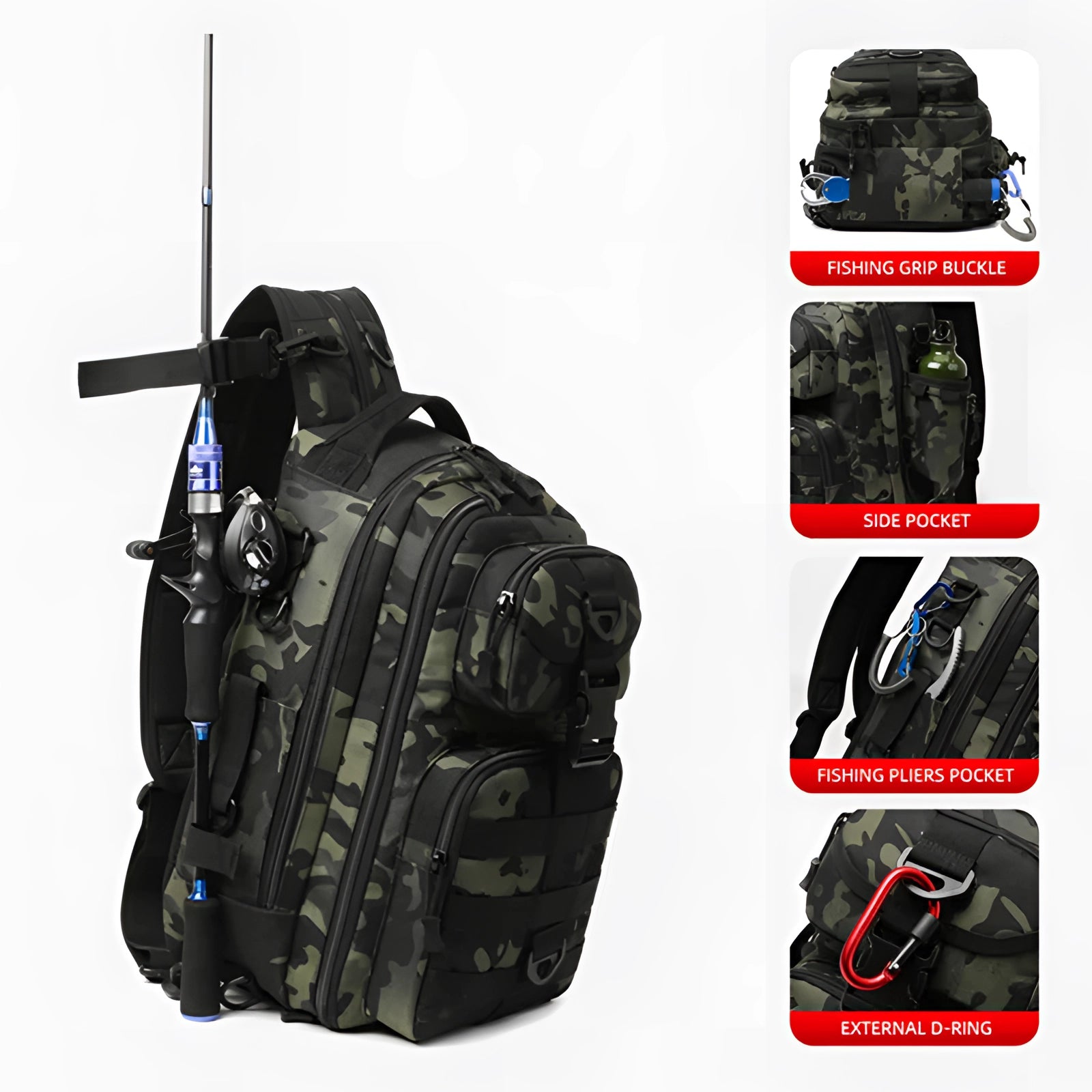 Waterproof tactical fishing backpack with a sling design, featuring a rod holder and multiple compartments for storage.