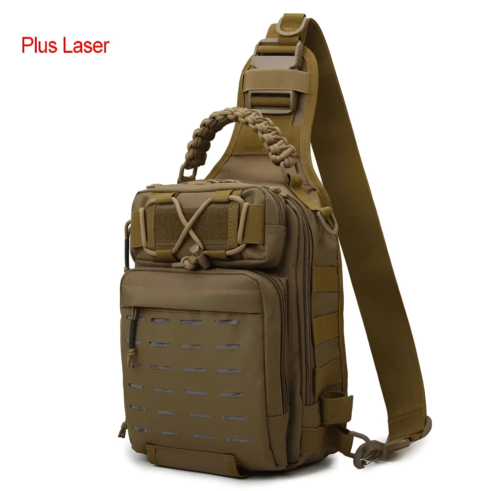 Khaki tactical fishing backpack, water-resistant and lightweight, designed for modular use with various compartments and sturdy metal zippers, suitable for travel and outdoor activities.