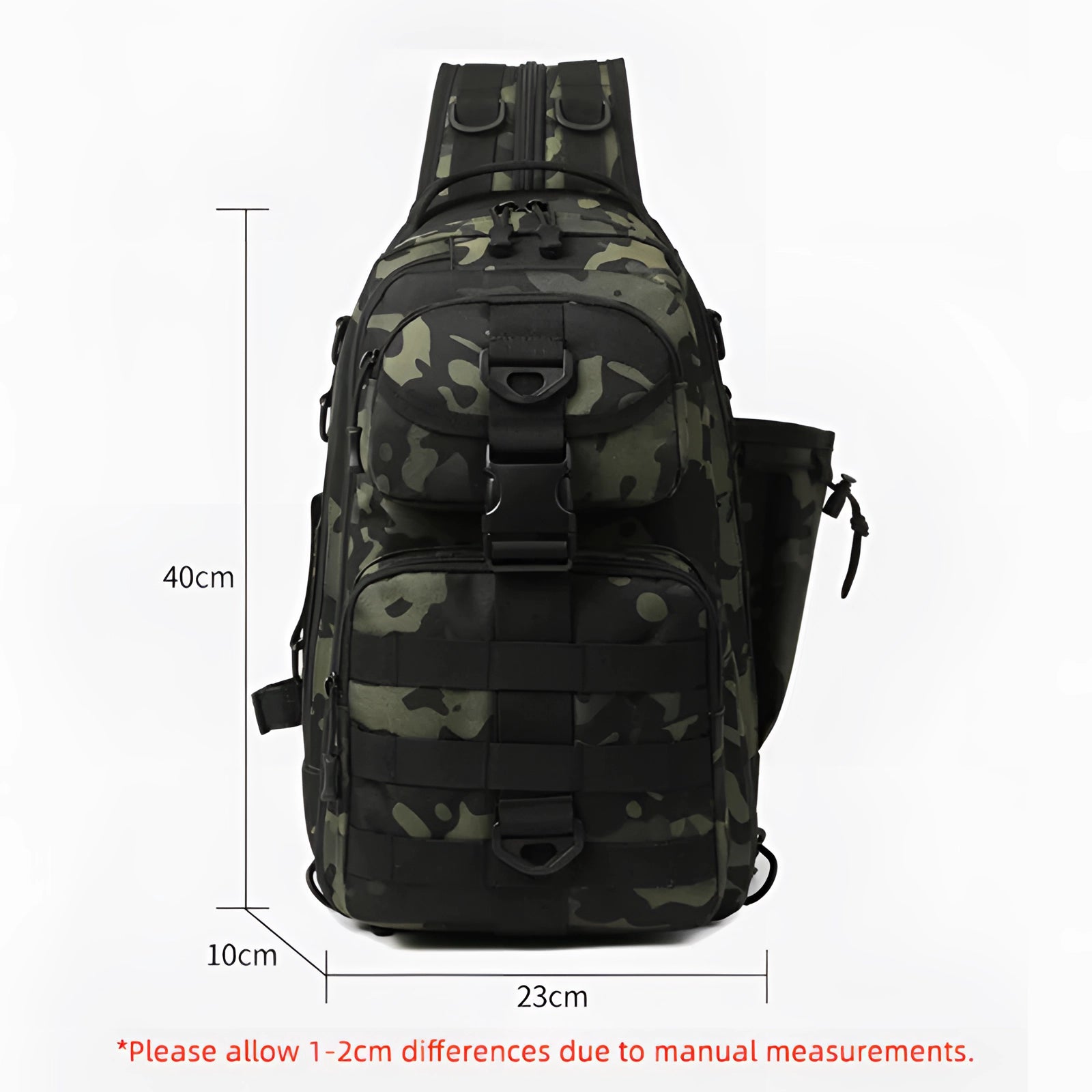 Tactical fishing backpack designed as a waterproof sling bag featuring a rod holder, showcasing durable material with multiple compartments, ideal for outdoor fishing activities.