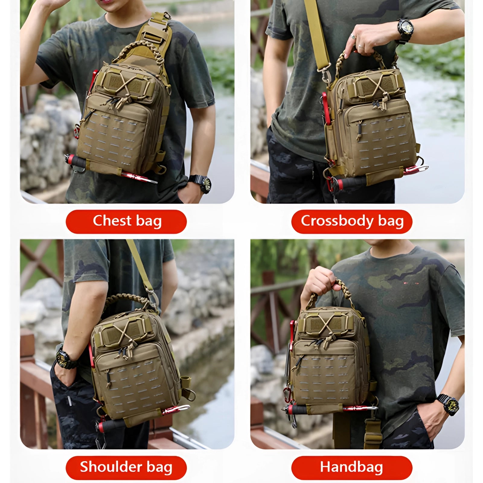 Tactical fishing backpack in a combination of black and green, featuring a modular design with multiple compartments and a water-resistant exterior.