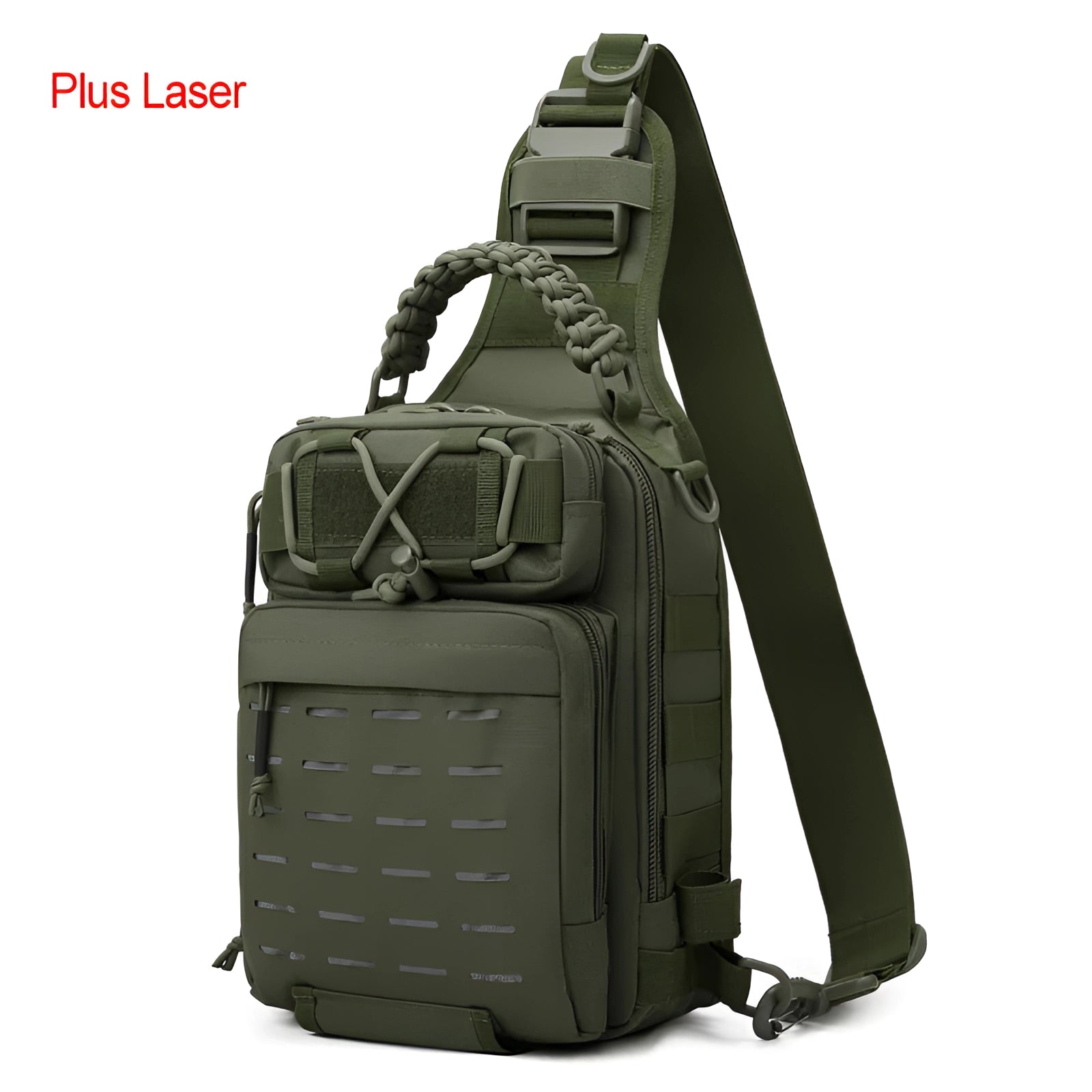 Military-inspired tactical fishing backpack in army green, featuring water-resistant material, modular compartments, and adjustable shoulder straps, ideal for travel and outdoor activities.