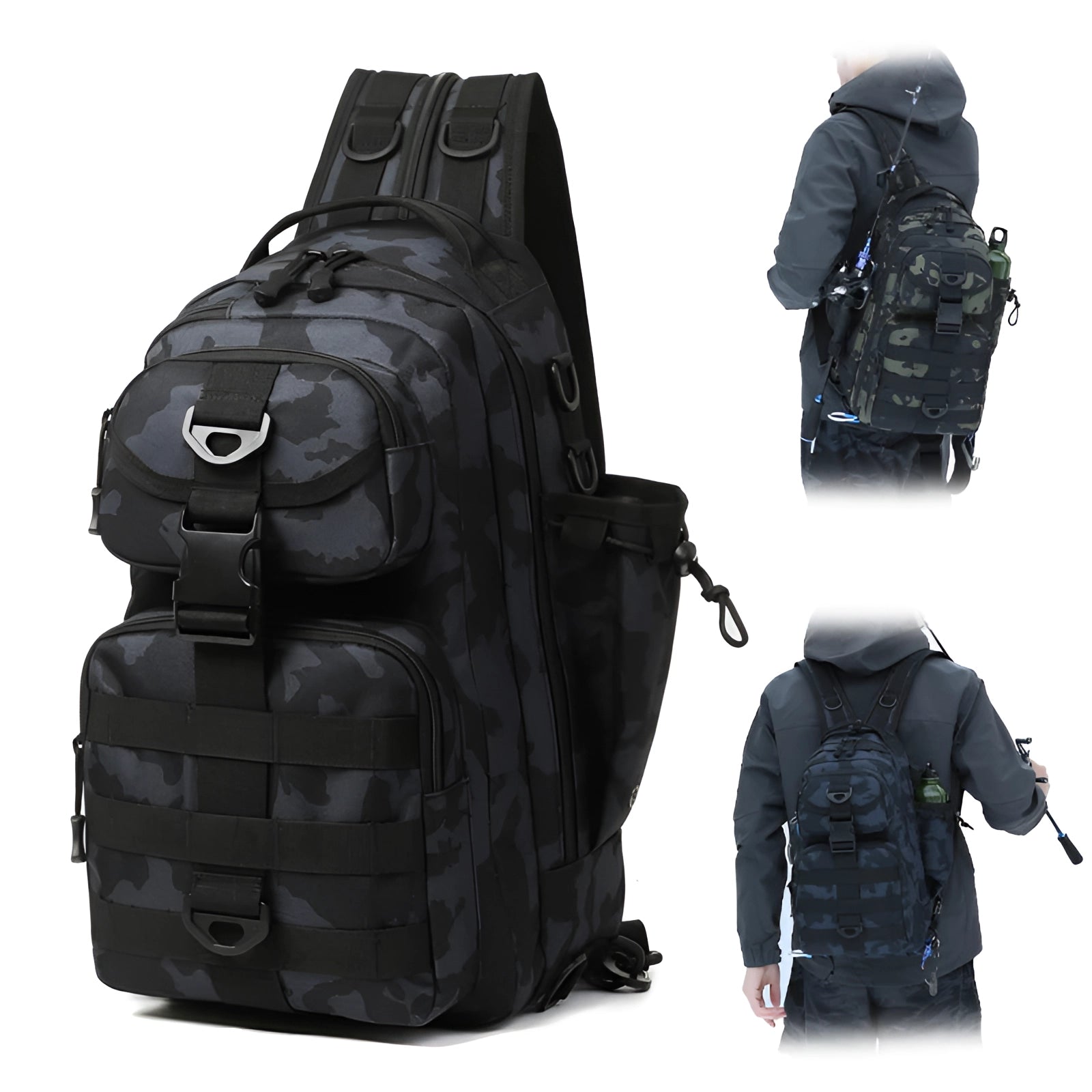 Black tactical fishing backpack with waterproof material, featuring a sling bag design and a built-in rod holder, suitable for travel and outdoor sports activities.