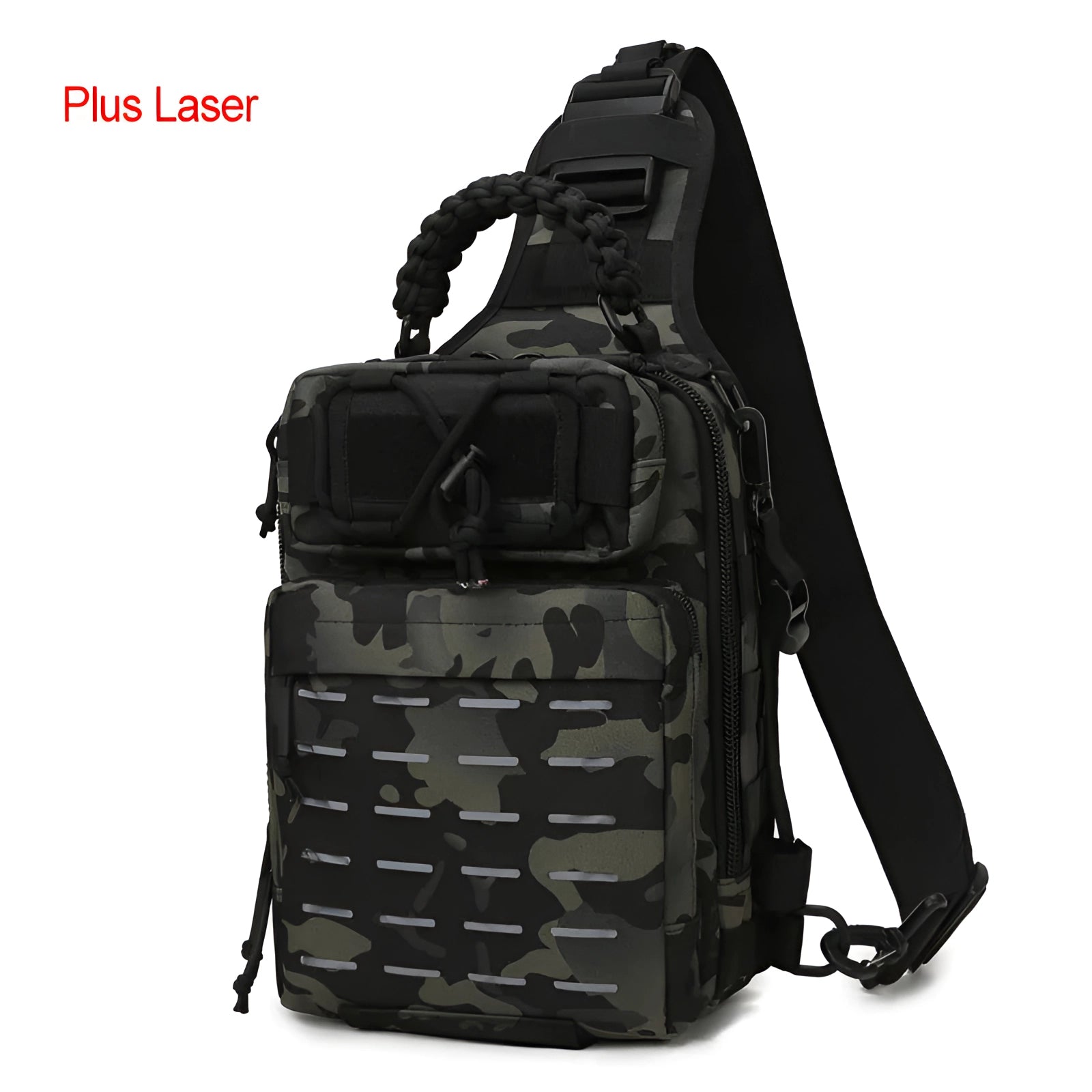 Water-resistant tactical fishing backpack in Plus Black CP color, featuring a lightweight and modular design with multiple compartments for organized storage.