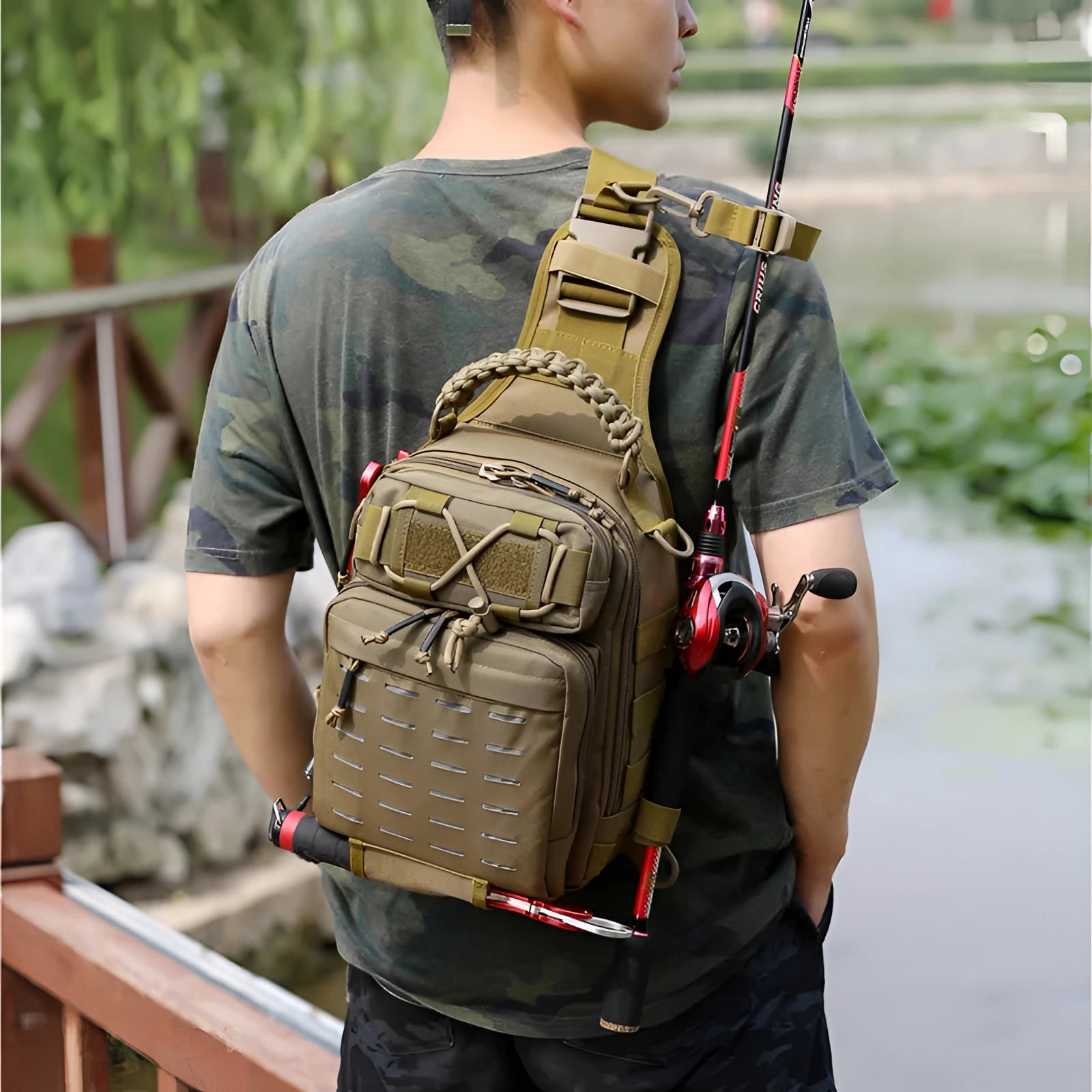 Camouflage tactical fishing backpack with multiple compartments and adjustable shoulder straps, worn by a person in a military-style outfit.