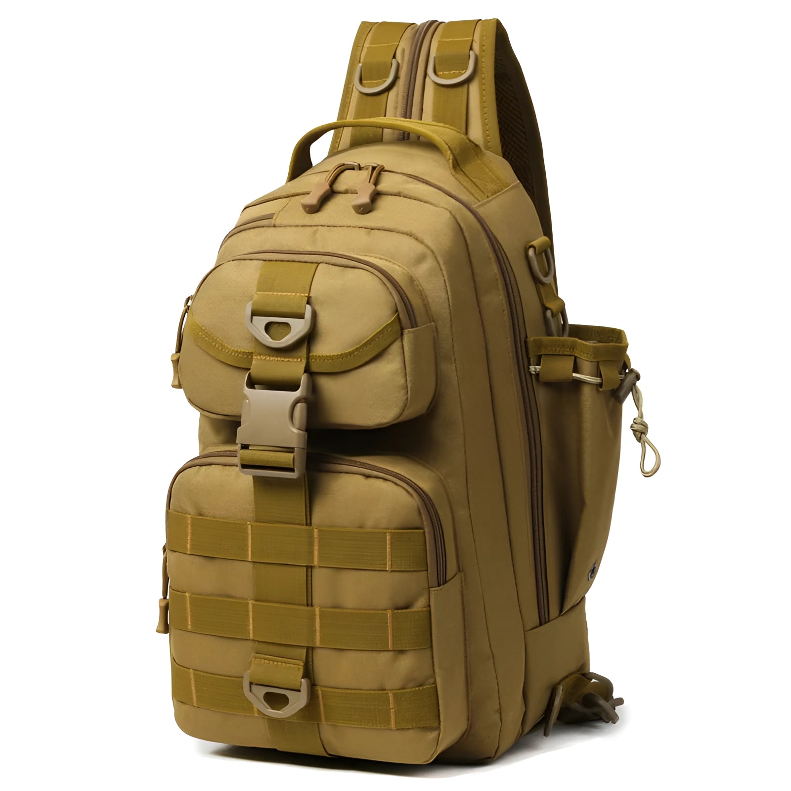 Khaki tactical fishing backpack with waterproof material, featuring a sling design and an integrated rod holder.