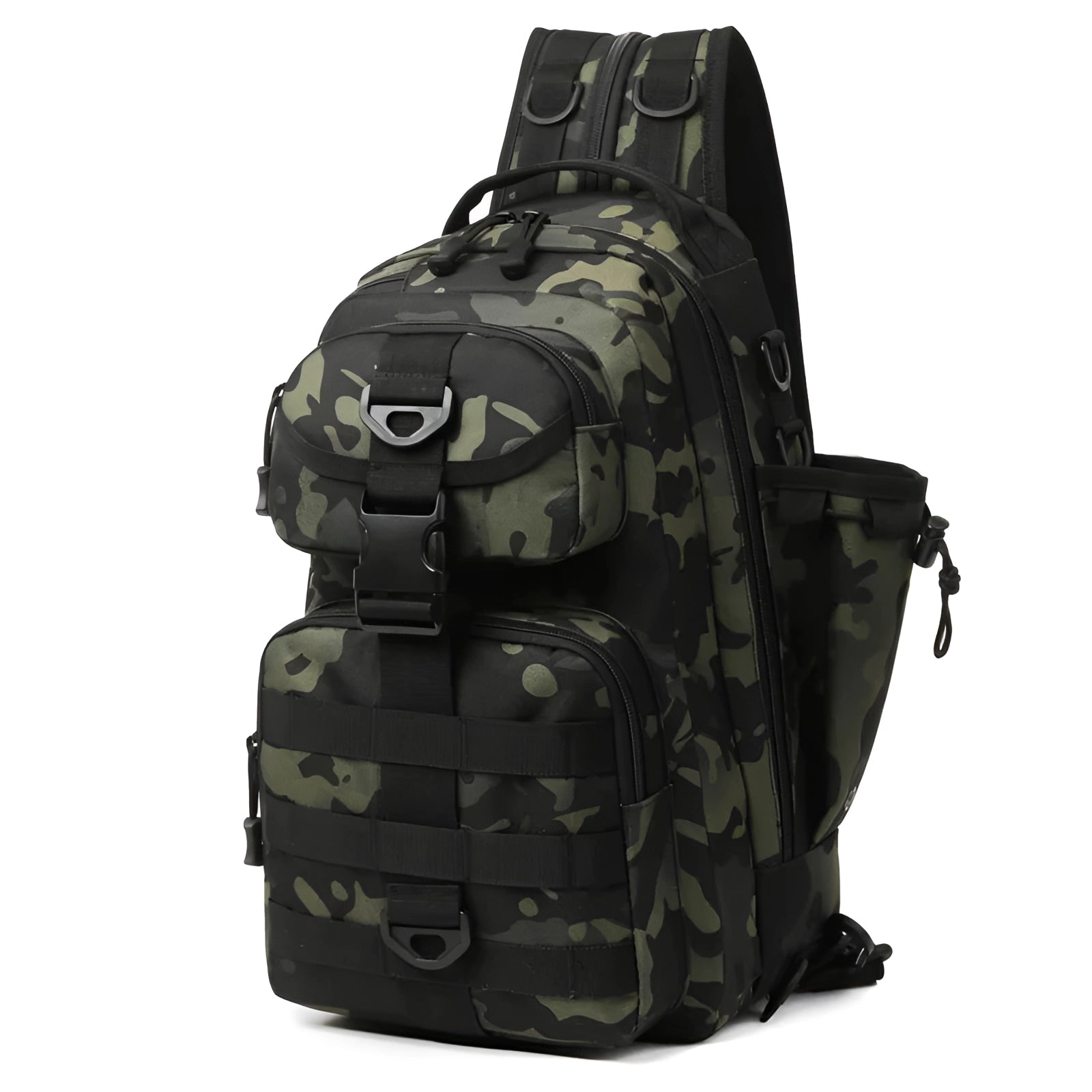 Tactical Fishing Backpack in Green Camo, featuring a waterproof design with a sling style and equipped with a rod holder.