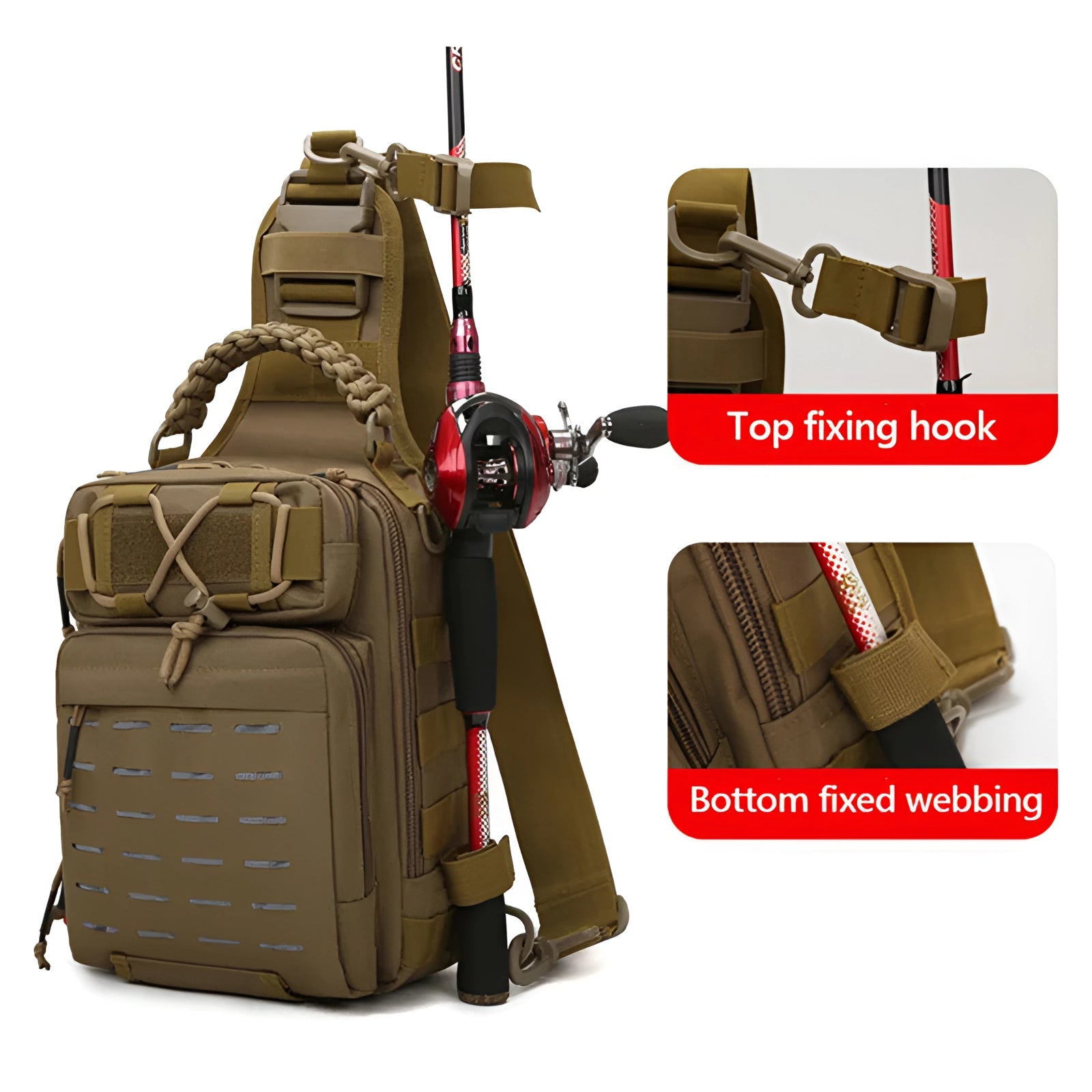 Tactical fishing backpack with modular design, featuring water-resistant and lightweight materials, suitable for outdoor enthusiasts.