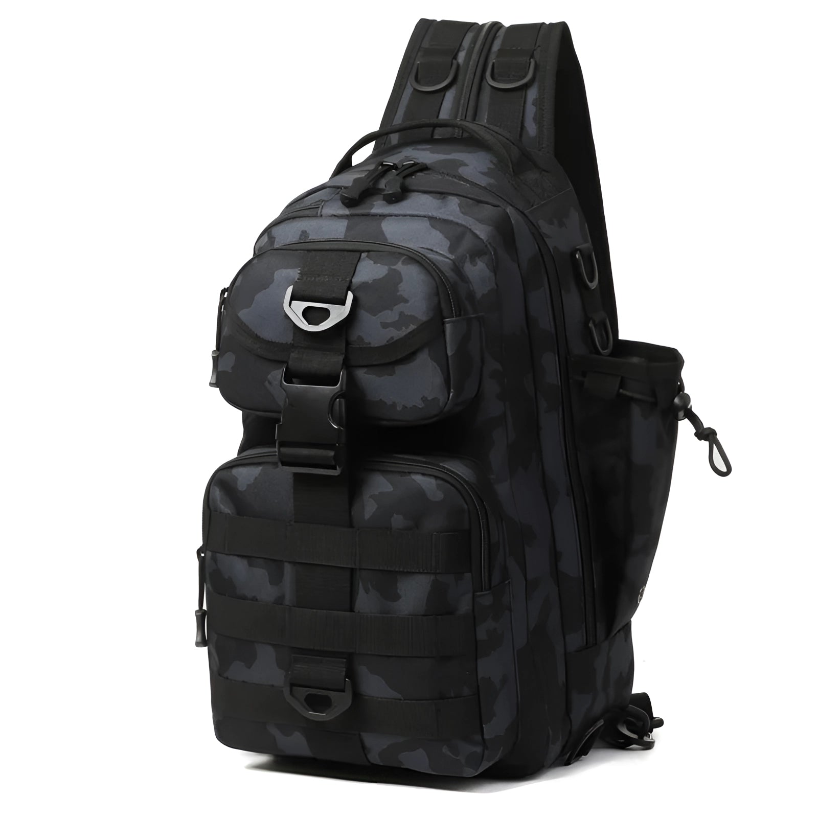 Tactical Fishing Backpack in Black Camo with a waterproof design, featuring a sling bag structure and an integrated rod holder, ideal for outdoor fishing adventures.