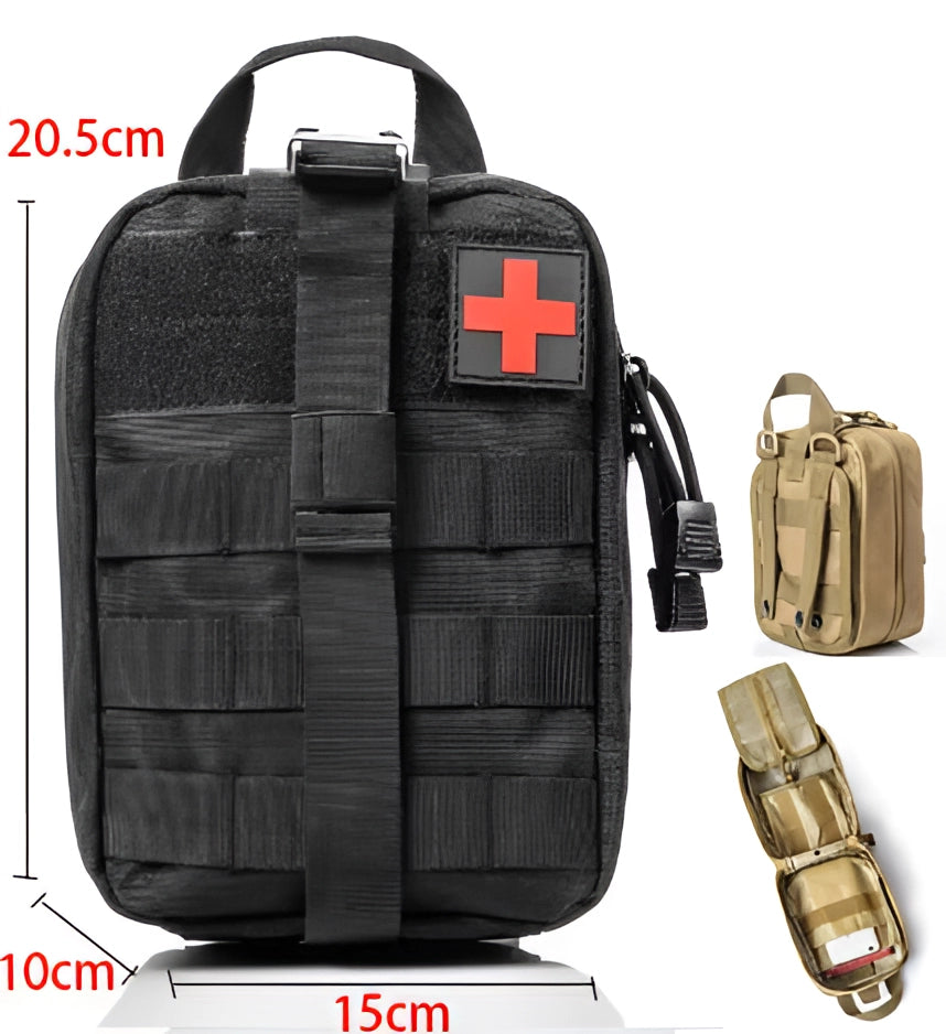 Tactical Medical Backpack in black, featuring a MOLLE EMT pouch, designed as a military first aid kit with multiple straps and compartments.