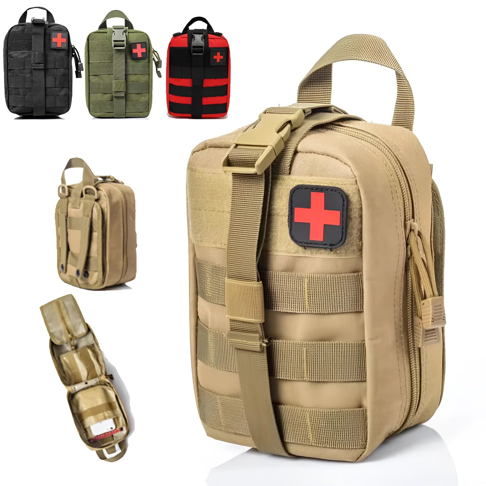 Tactical khaki brown military medical backpack with MOLLE attachments, designed as an EMT pouch for first aid supplies, featuring multiple compartments and durable material.