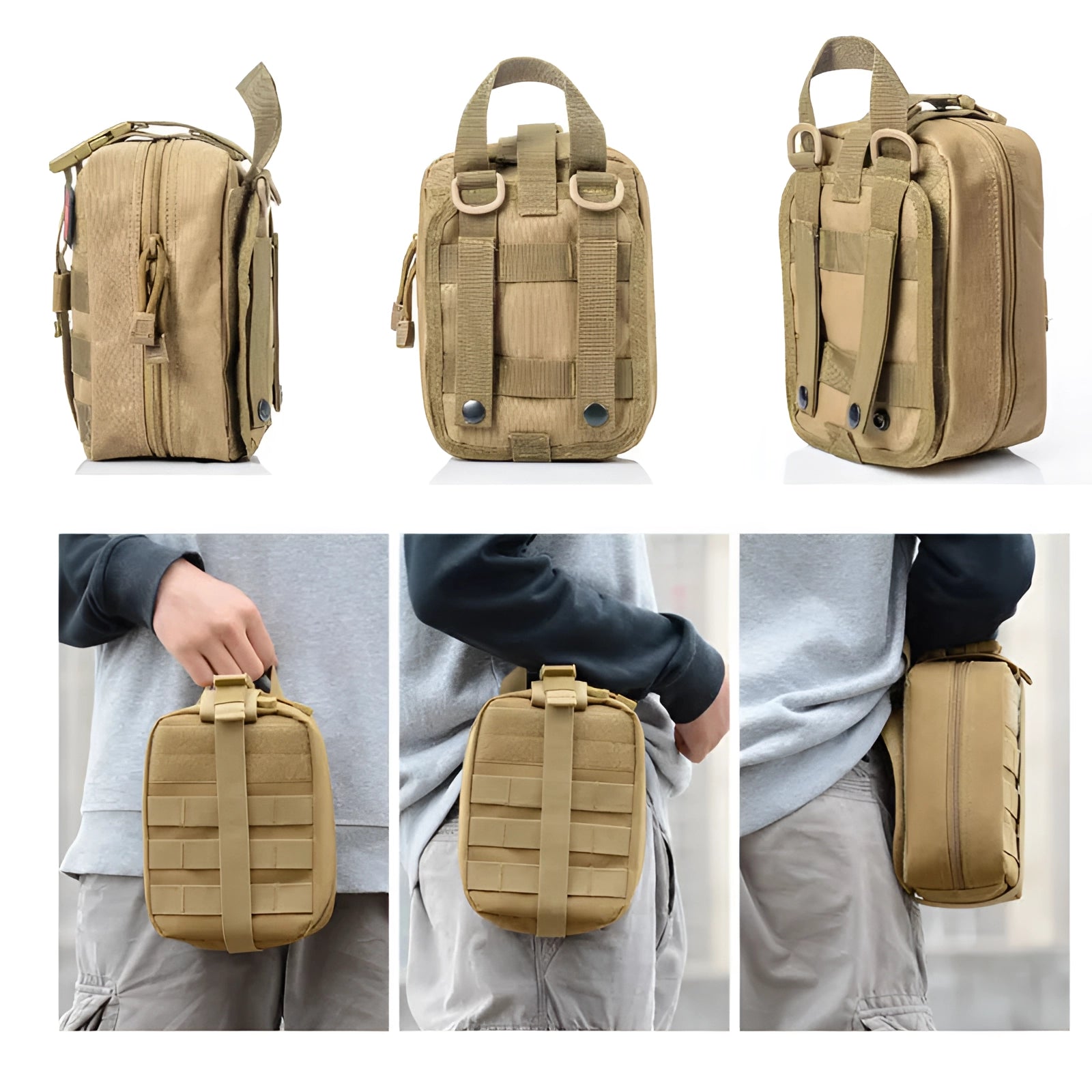 Brown tactical medical backpack with MOLLE EMT pouch, designed for military first aid use, featuring multiple compartments and beige accents.