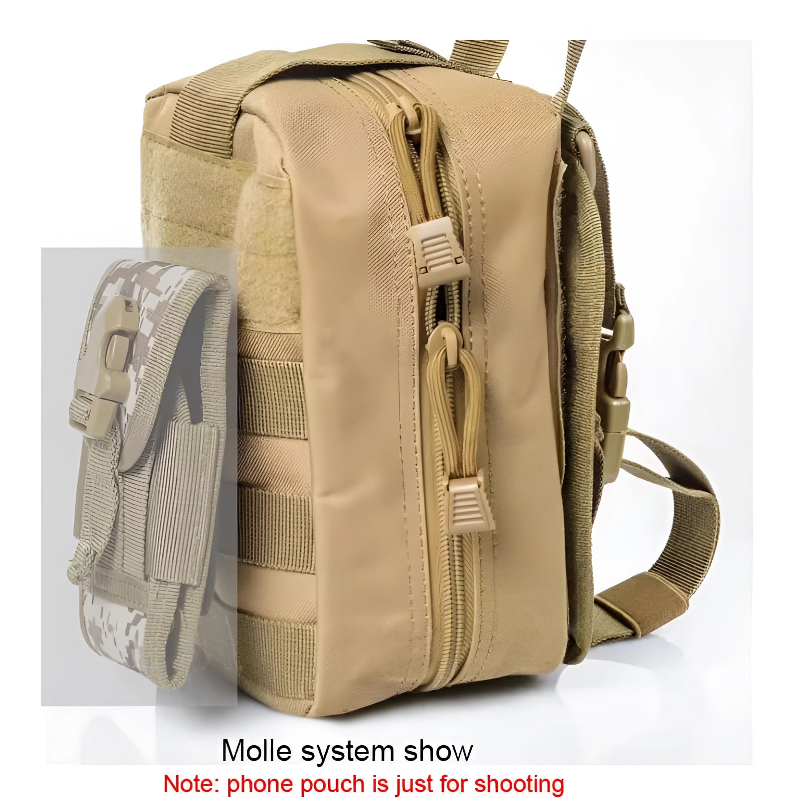 Brown tactical medical backpack with a MOLLE system, designed for EMT and military first aid use. The bag, which resembles a shoulder bag with a rectangular shape, is made from durable khaki fabric and features multiple compartments for organized travel and emergency medical supplies.