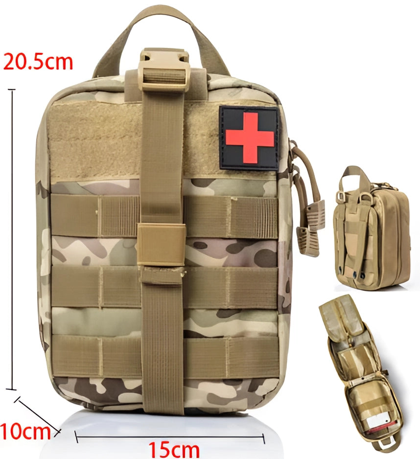 Brown tactical medical backpack in khaki color, featuring multiple compartments and straps, designed for military first aid and everyday carry.