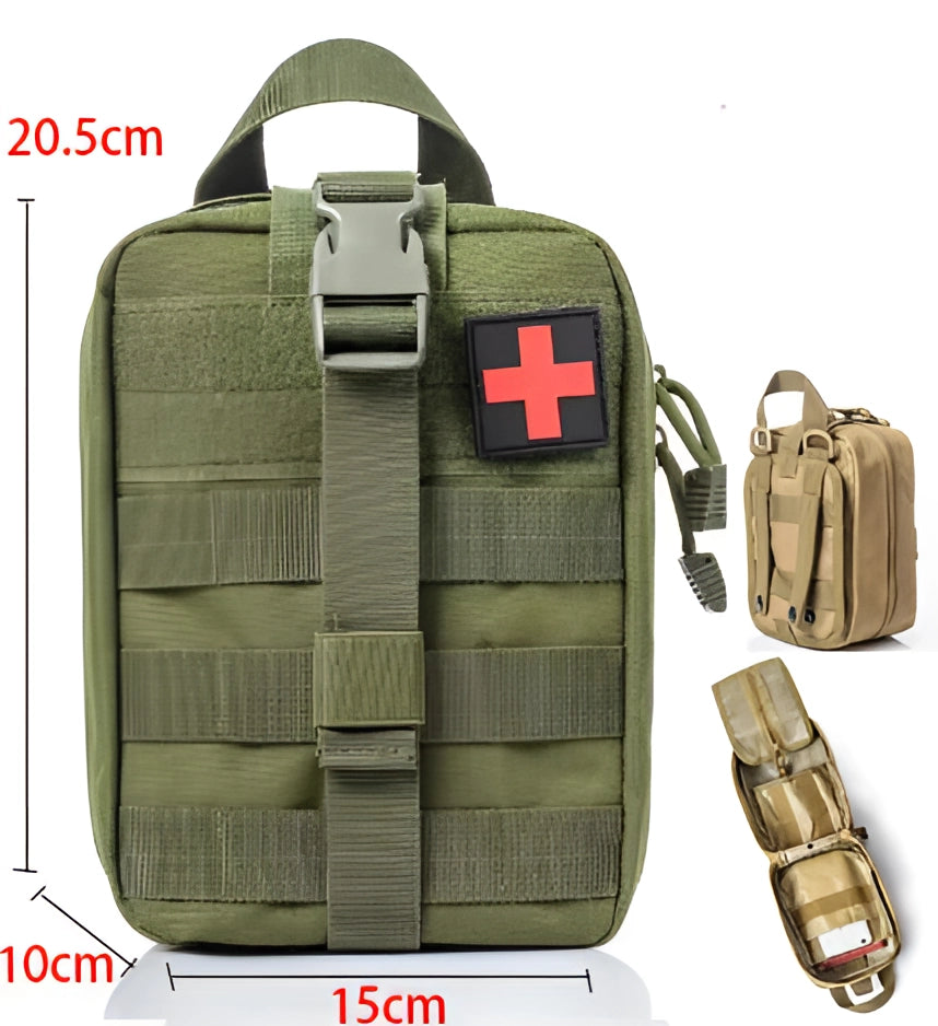 Tactical Medical Backpack in army green featuring MOLLE webbing, designed as a military first aid kit with multiple compartments for organization, shown in a durable fabric suitable for travel and emergency use.