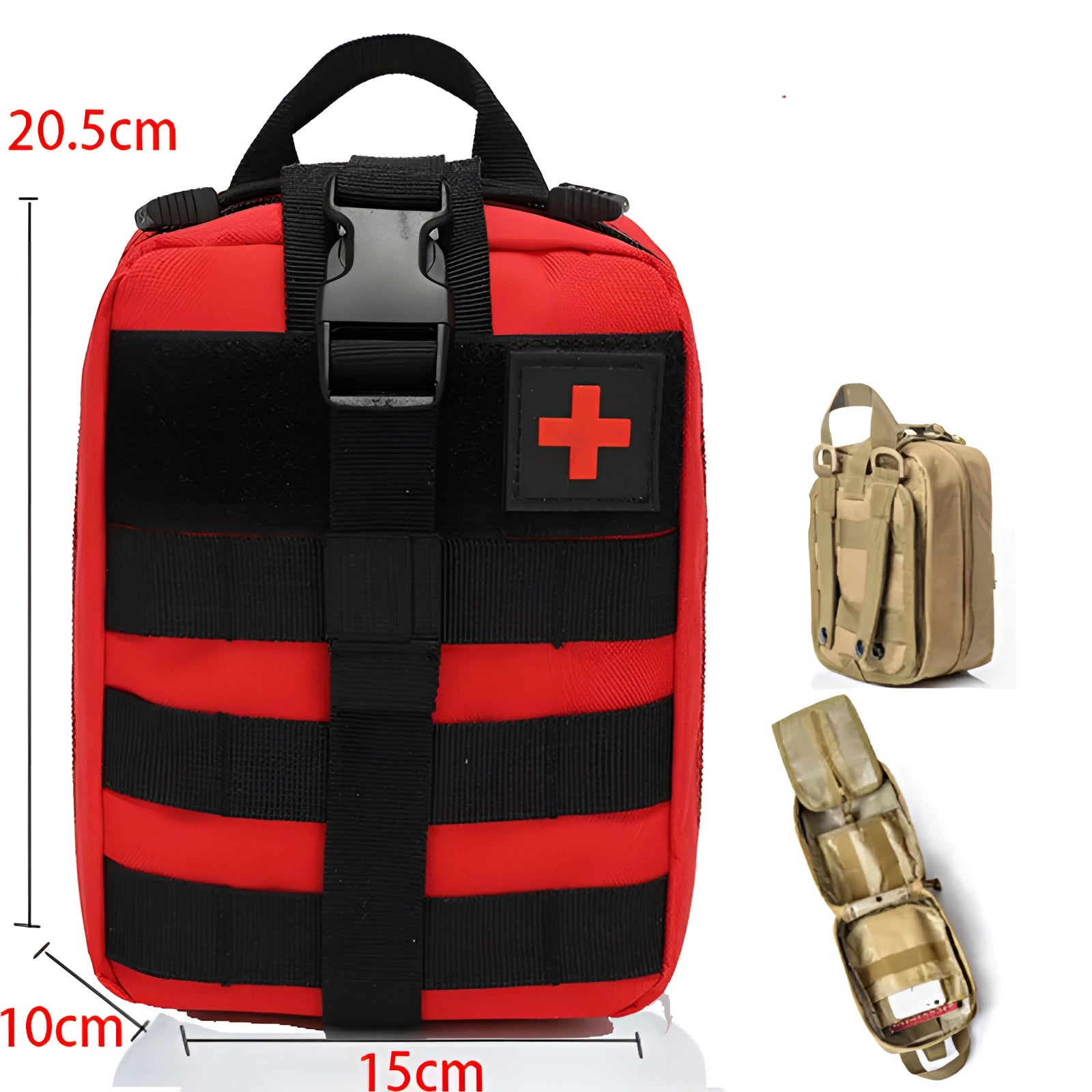 Tactical Medical Backpack in red, featuring a MOLLE EMT pouch and designed as a military first aid kit, ideal for travel and outdoor emergency preparedness.