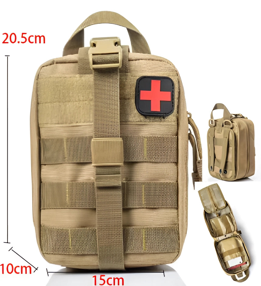 Khaki tactical medical backpack with MOLLE EMT pouch, designed as a military first aid kit, featuring a sturdy and spacious design suitable for travel and personal protective equipment.