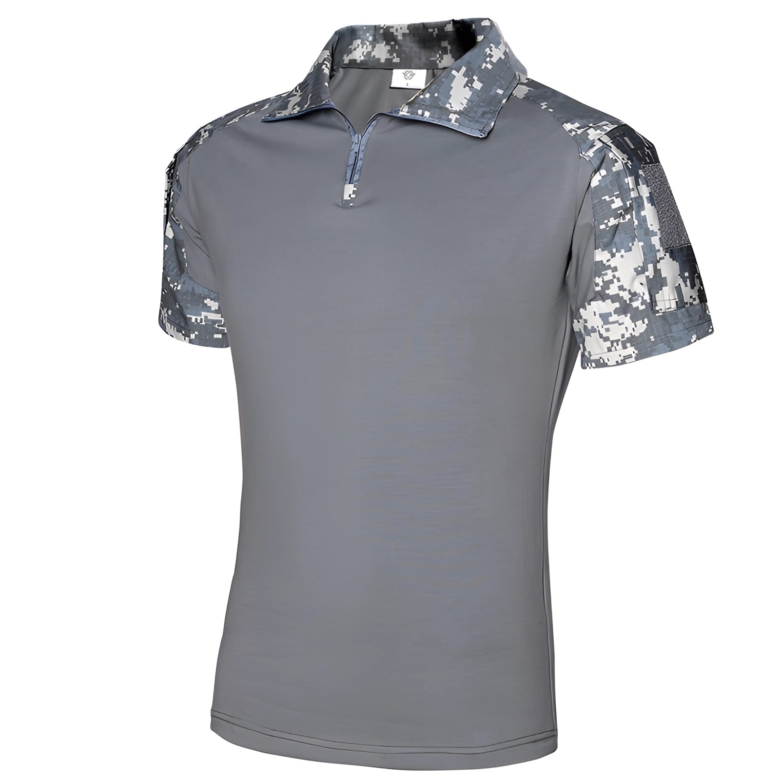 Tactical Men's Camouflage Polo Shirt in Gray & Blue, 2XL size, short-sleeve, featuring a collar and buttons, designed for outdoor wear.