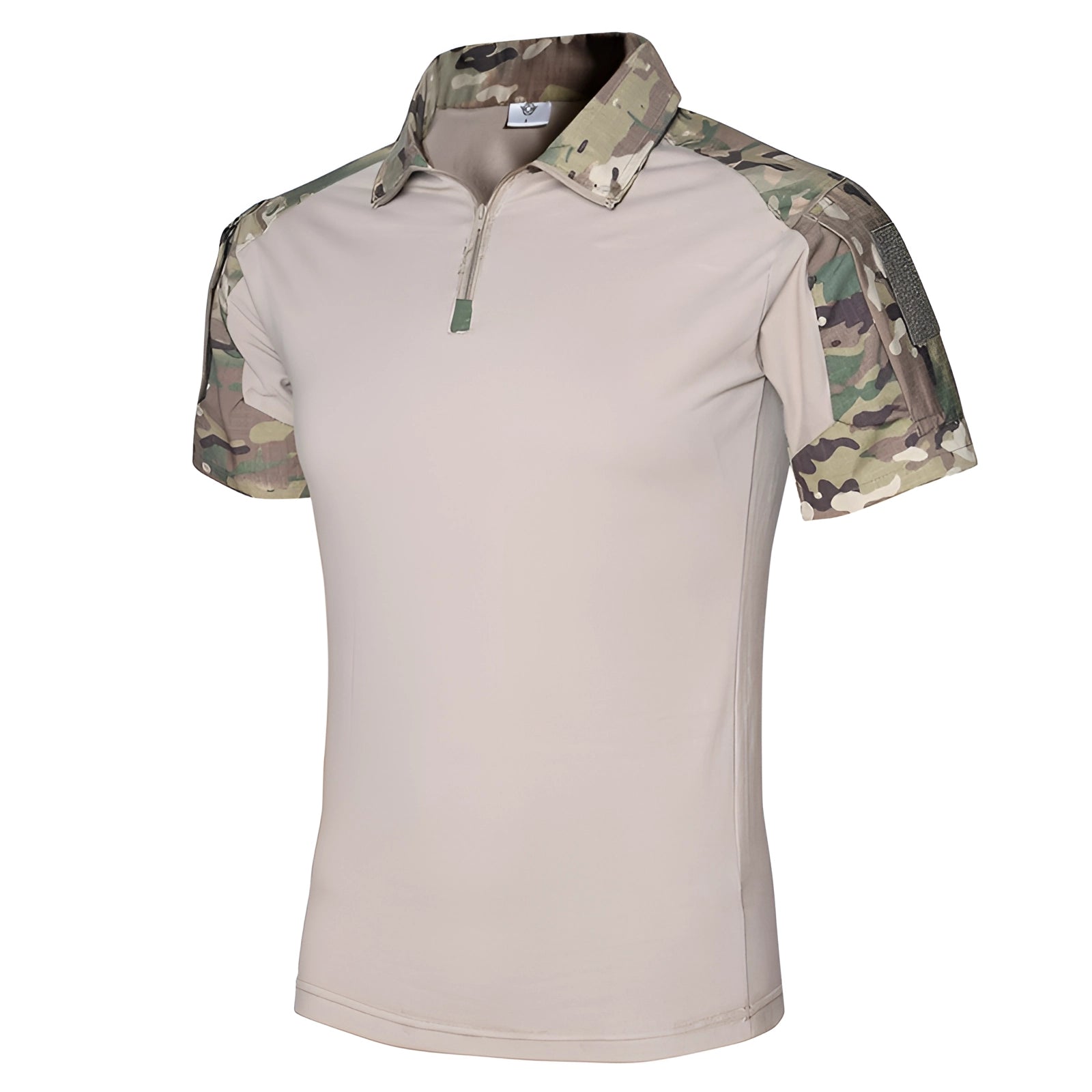 Tactical Men's Camouflage Polo Shirt in off-white, short-sleeve, 2XL, featuring a durable fabric, grey collar, and a subtle pattern for outdoor wear.