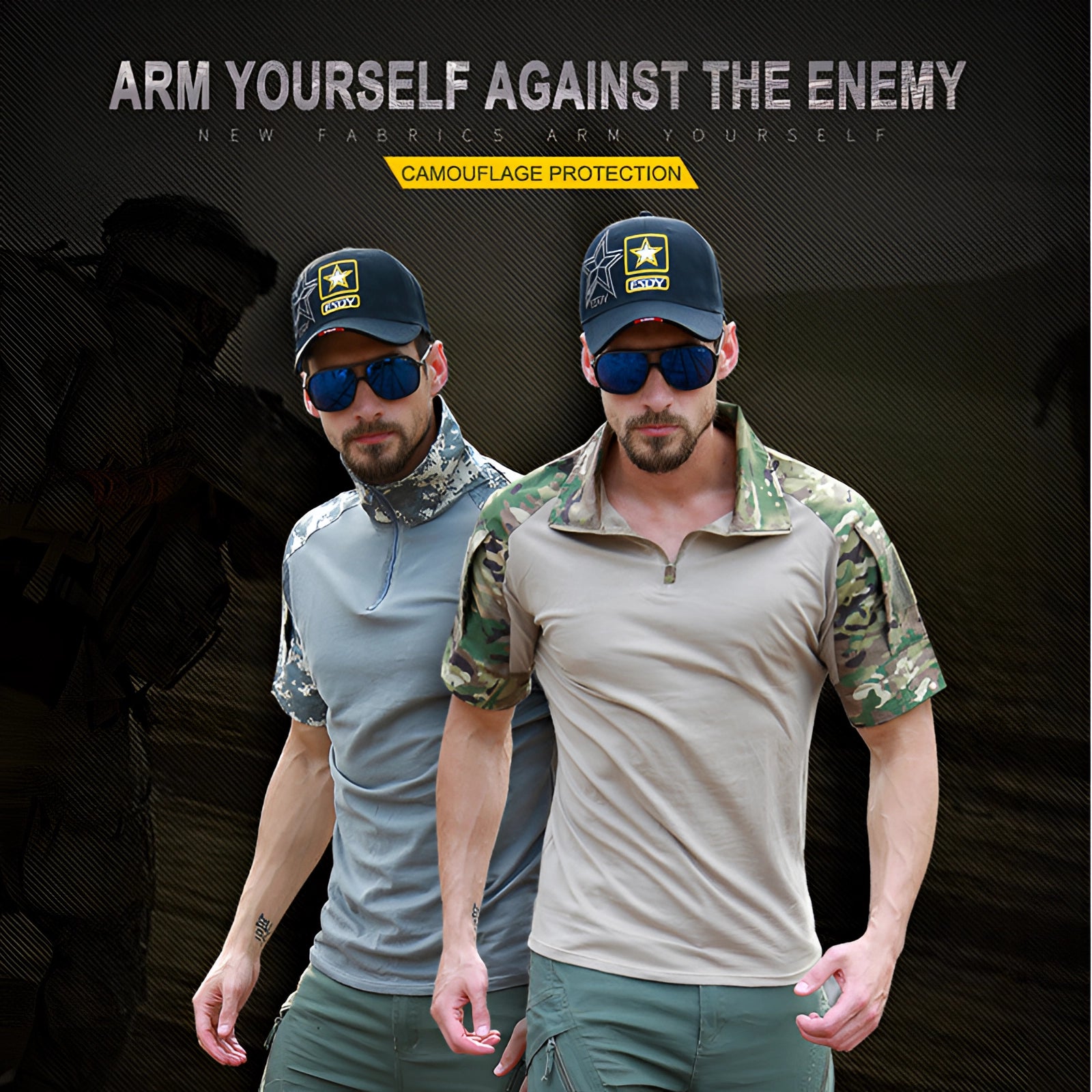 Man wearing Tactical Men's Camouflage Polo Shirt with short sleeves and a cap, suitable for outdoor activities.