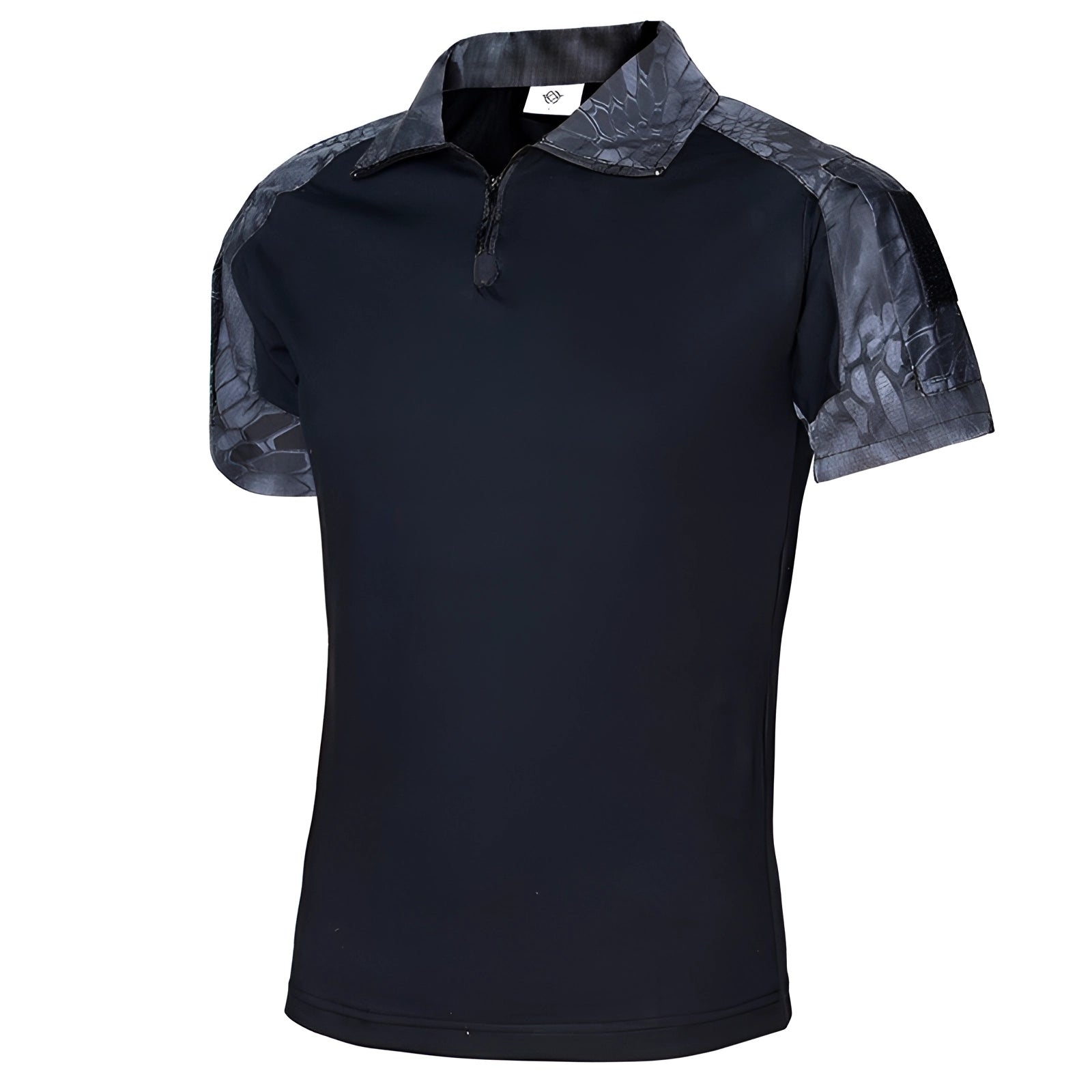 Tactical men's short-sleeve camouflage polo shirt in Blackbird color, size 2XL, featuring a collared design with durable fabric suitable for outdoor wear.