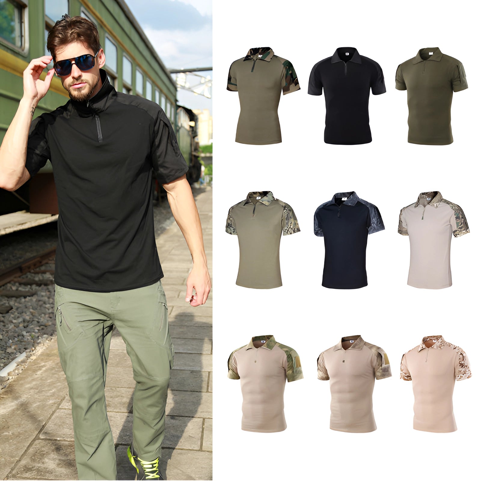 Tactical men's camouflage polo shirt, short-sleeve, durable outdoor wear, displayed on a mannequin with sunglasses.