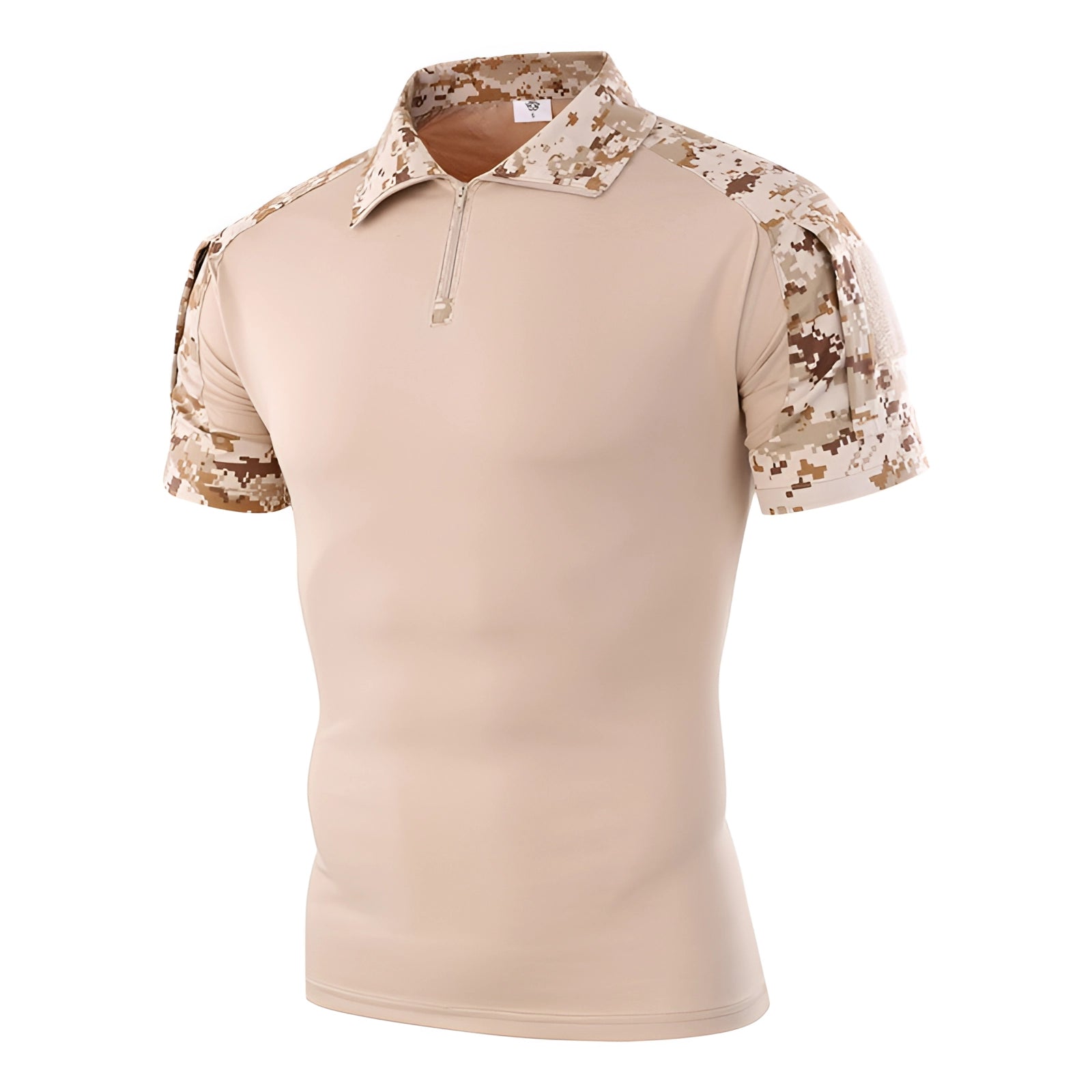 Tactical men's camouflage polo shirt in desert digital pattern, size 2XL, featuring short sleeves, a collar, and durable fabric ideal for outdoor wear.