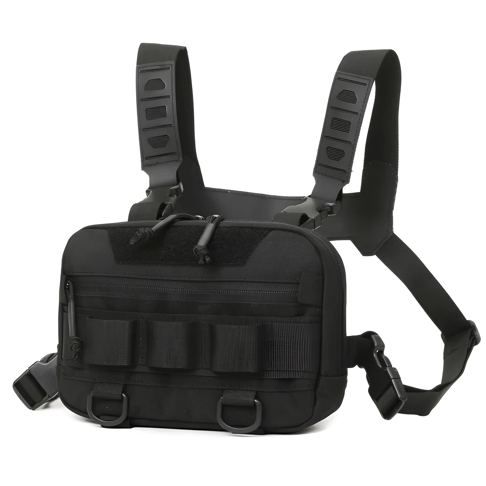 Tactical military sling bag in black featuring a molle system design, with adjustable straps and multiple compartments for outdoor utility use.