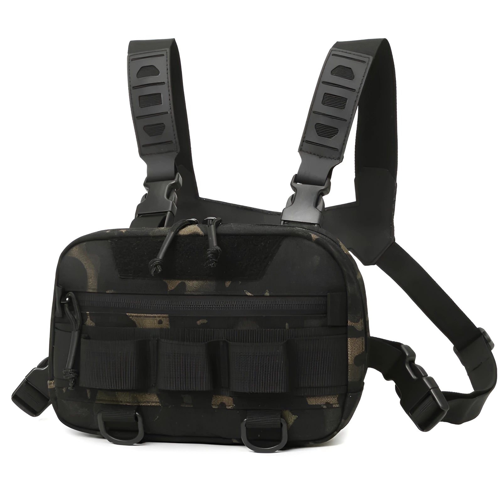 Tactical military sling bag in black with a molle chest pack design, featuring adjustable straps and multiple compartments for outdoor utility and storage.