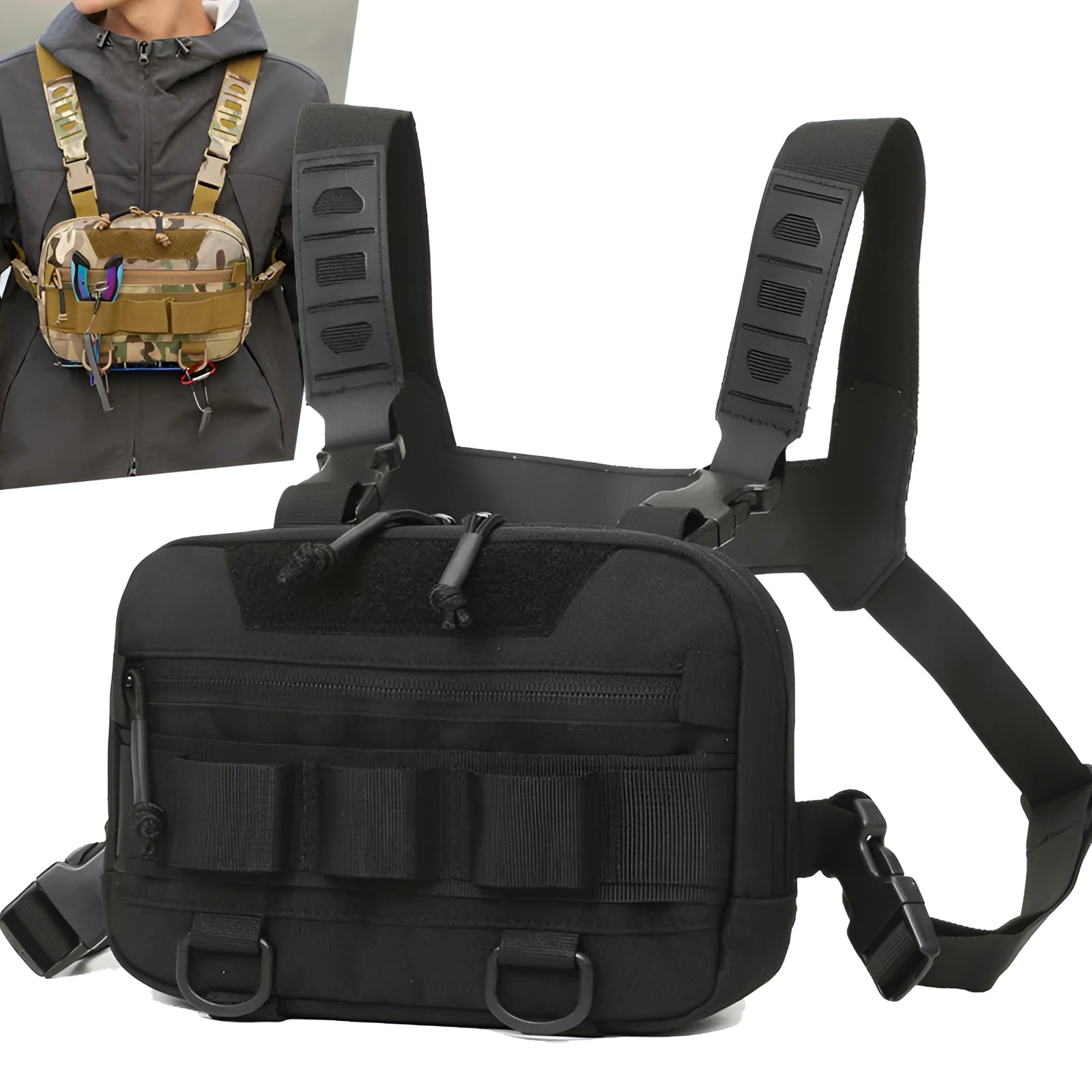 Tactical military sling bag designed for utility and outdoor use, featuring multiple compartments and a MOLLE system for attaching additional gear. The bag includes a durable strap for carrying across the chest.