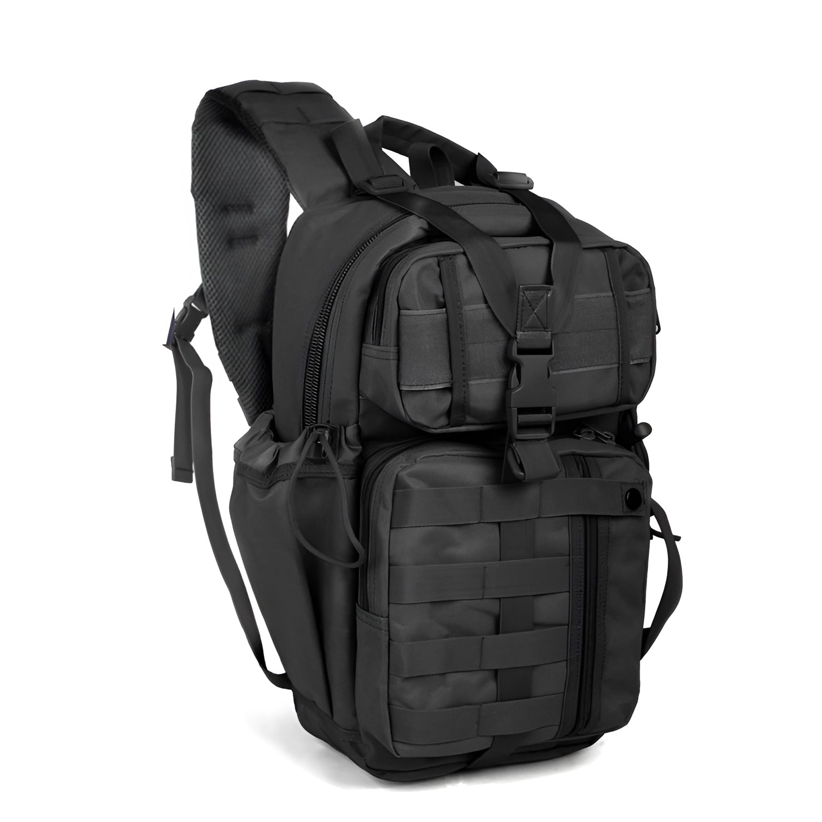 Tactical black MOLLE backpack featuring a heavy-duty, water-resistant design with multiple compartments.