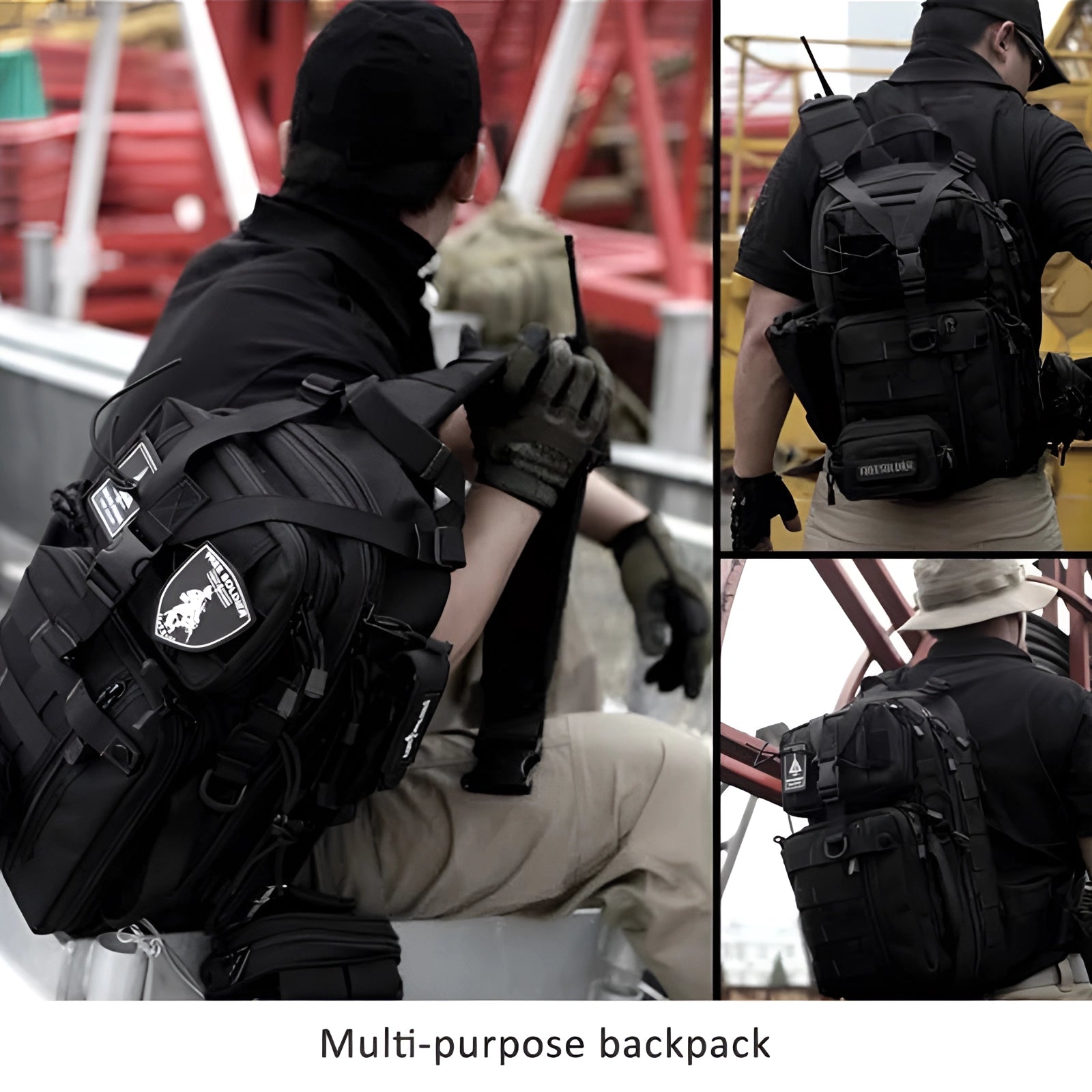 Tactical MOLLE backpack featuring a heavy-duty, water-resistant design with multiple compartments, displayed against a plain background.