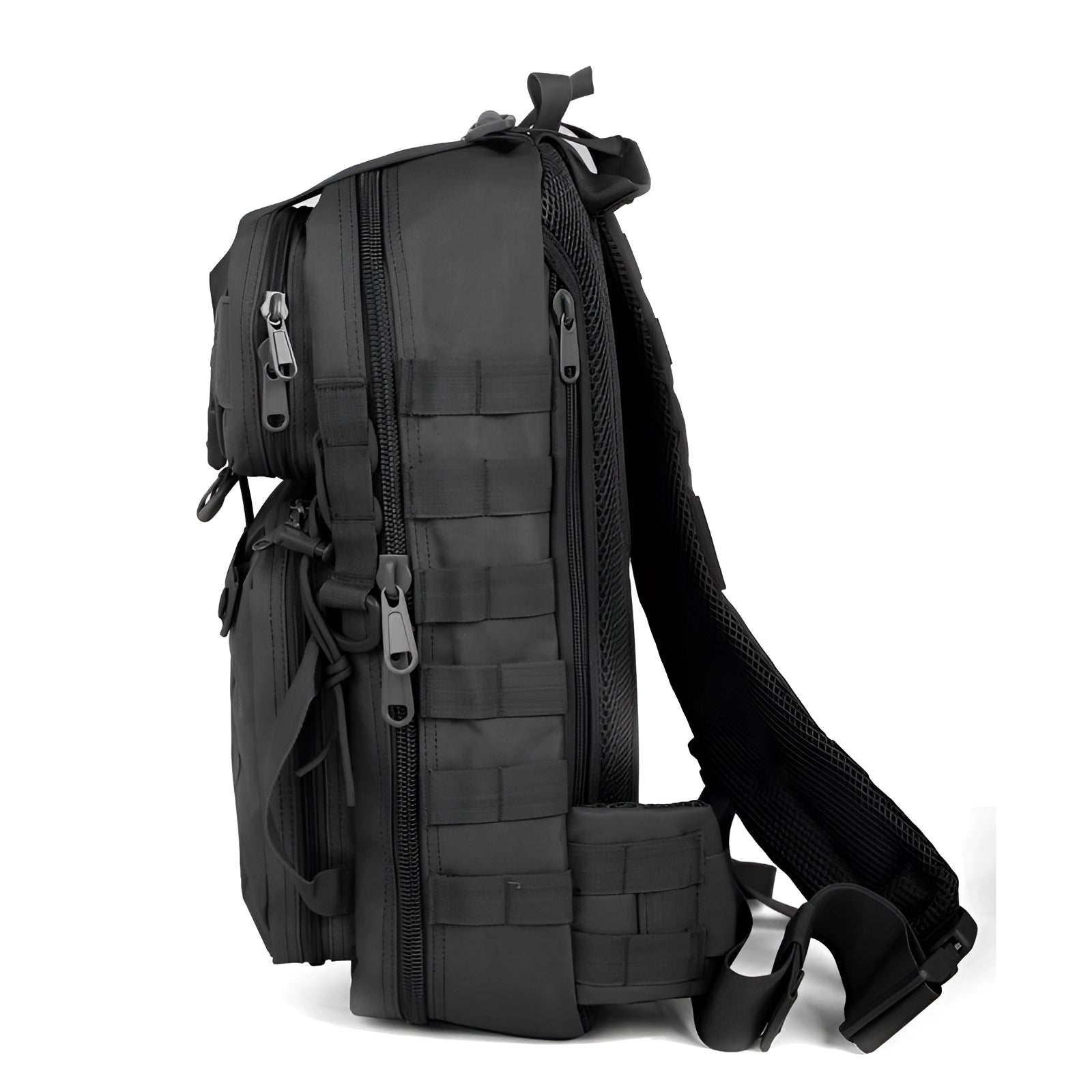 Tactical MOLLE backpack featuring heavy-duty, water-resistant material with multiple compartments, adjustable straps, and reinforced sleeves, designed for durability and protection.