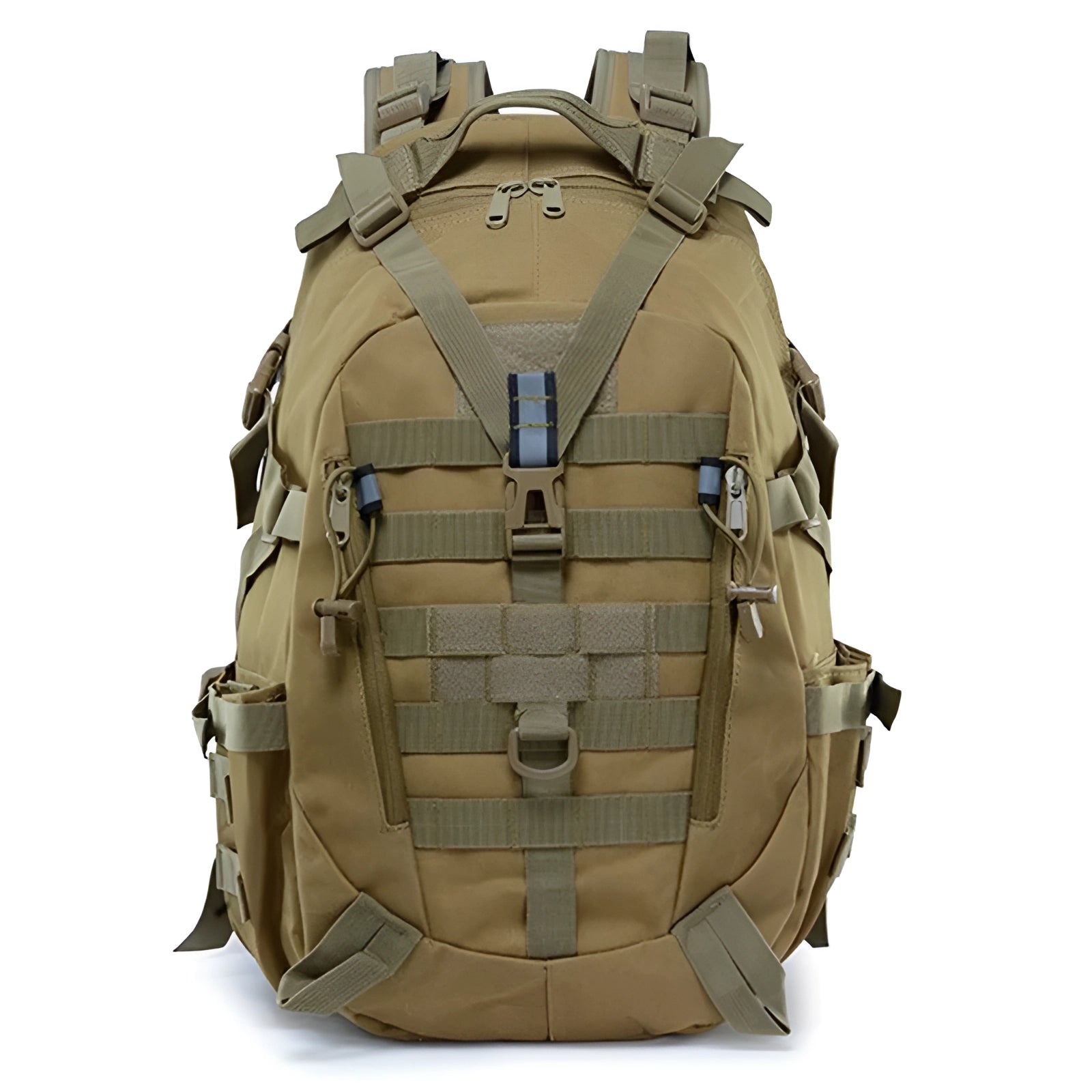 Olive drab tactical MOLLE backpack with high-capacity design, featuring multiple compartments and military-inspired camouflage pattern, in a khaki color variant with 30 - 40L storage capacity.