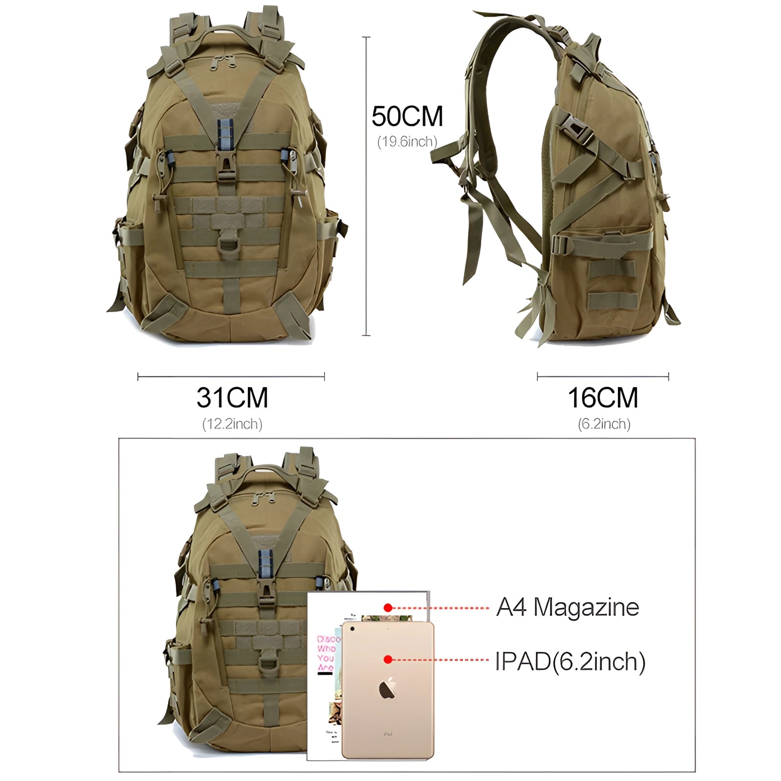 Tactical MOLLE Backpack in Olive Drab color, showcasing a high-capacity military rucksack design with various compartments and MOLLE webbing for attaching additional gear.