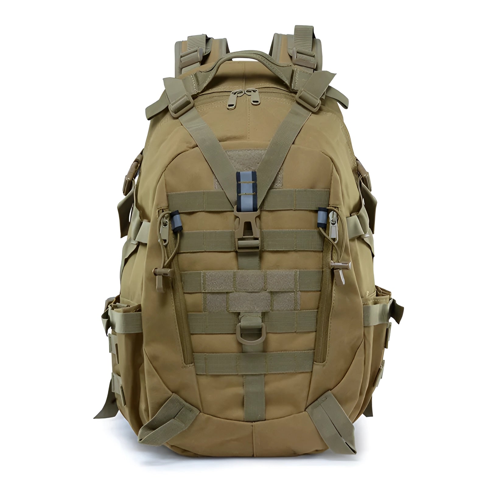 Tactical MOLLE backpack in olive drab color, featuring a high-capacity military rucksack design with multiple compartments and durable fabric suitable for rugged outdoor activities.