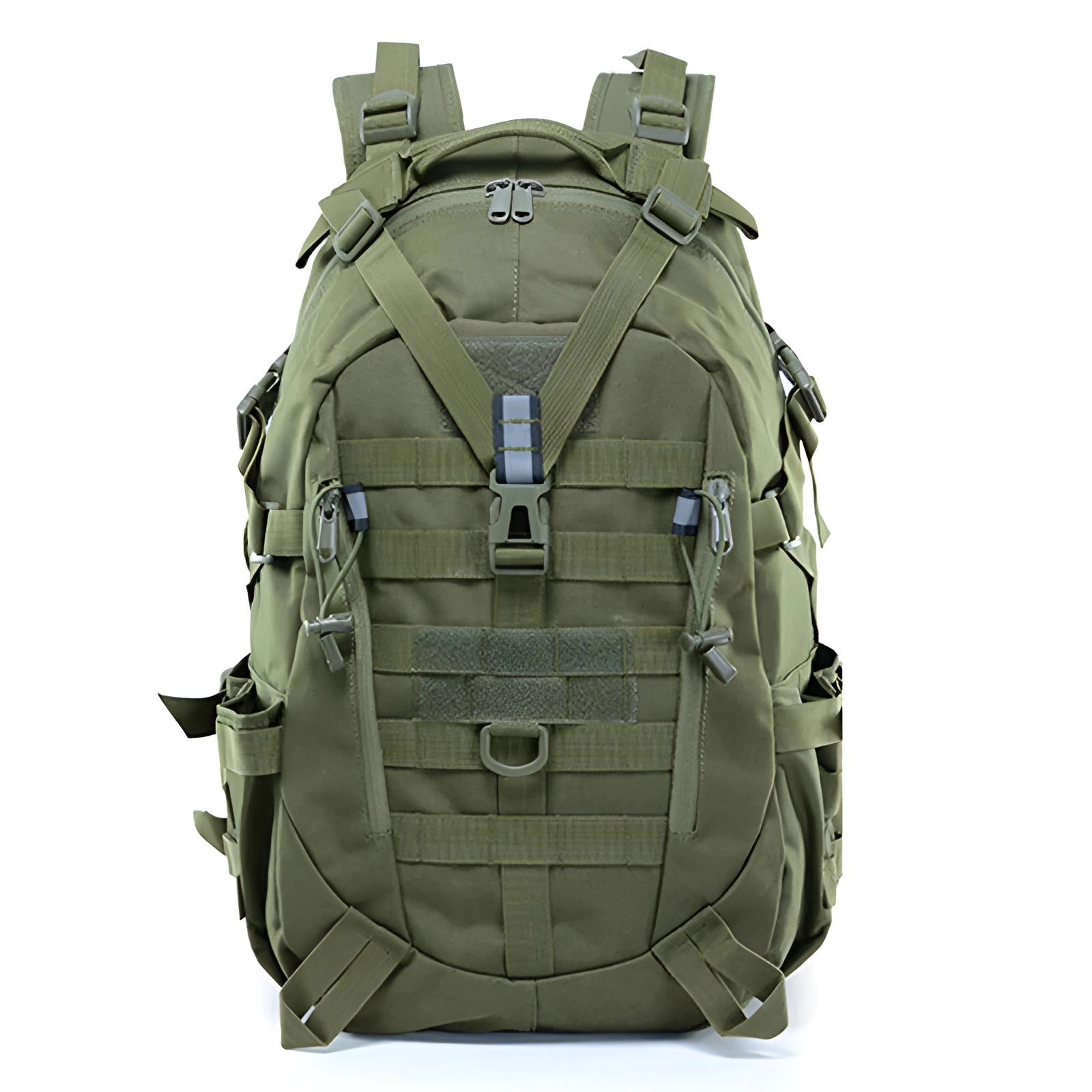 Tactical MOLLE backpack in olive drab color with a high-capacity design, featuring multiple compartments and military-style camouflage pattern, suitable for army use and outdoor activities, with an overall capacity of 30 - 40 liters.