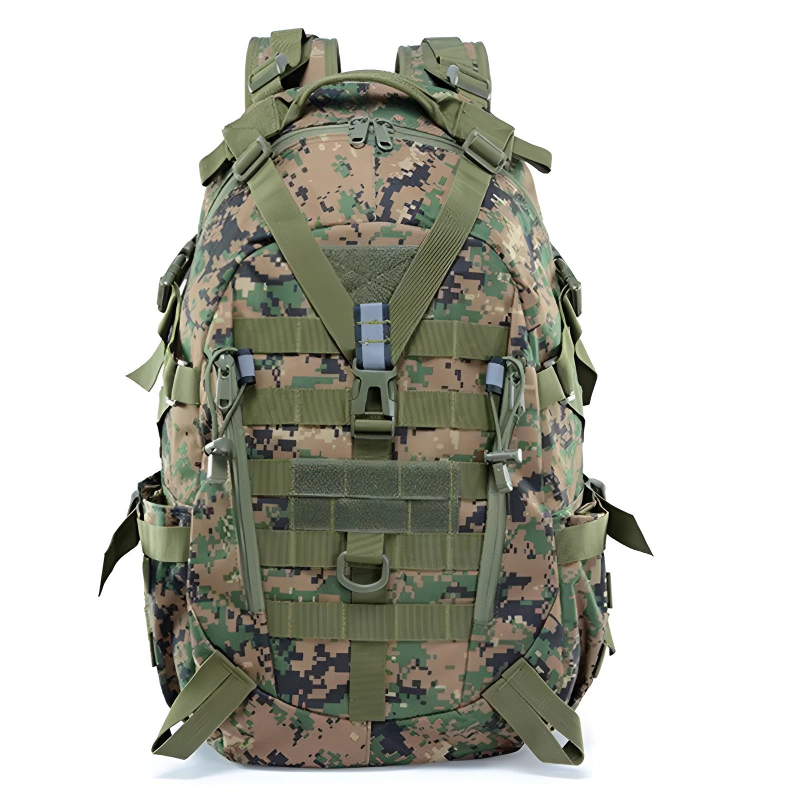 Tactical MOLLE backpack in jungle digital camouflage pattern, featuring a high-capacity design perfect for military use, with adjustable straps and multiple compartments, displayed against a natural outdoor setting.