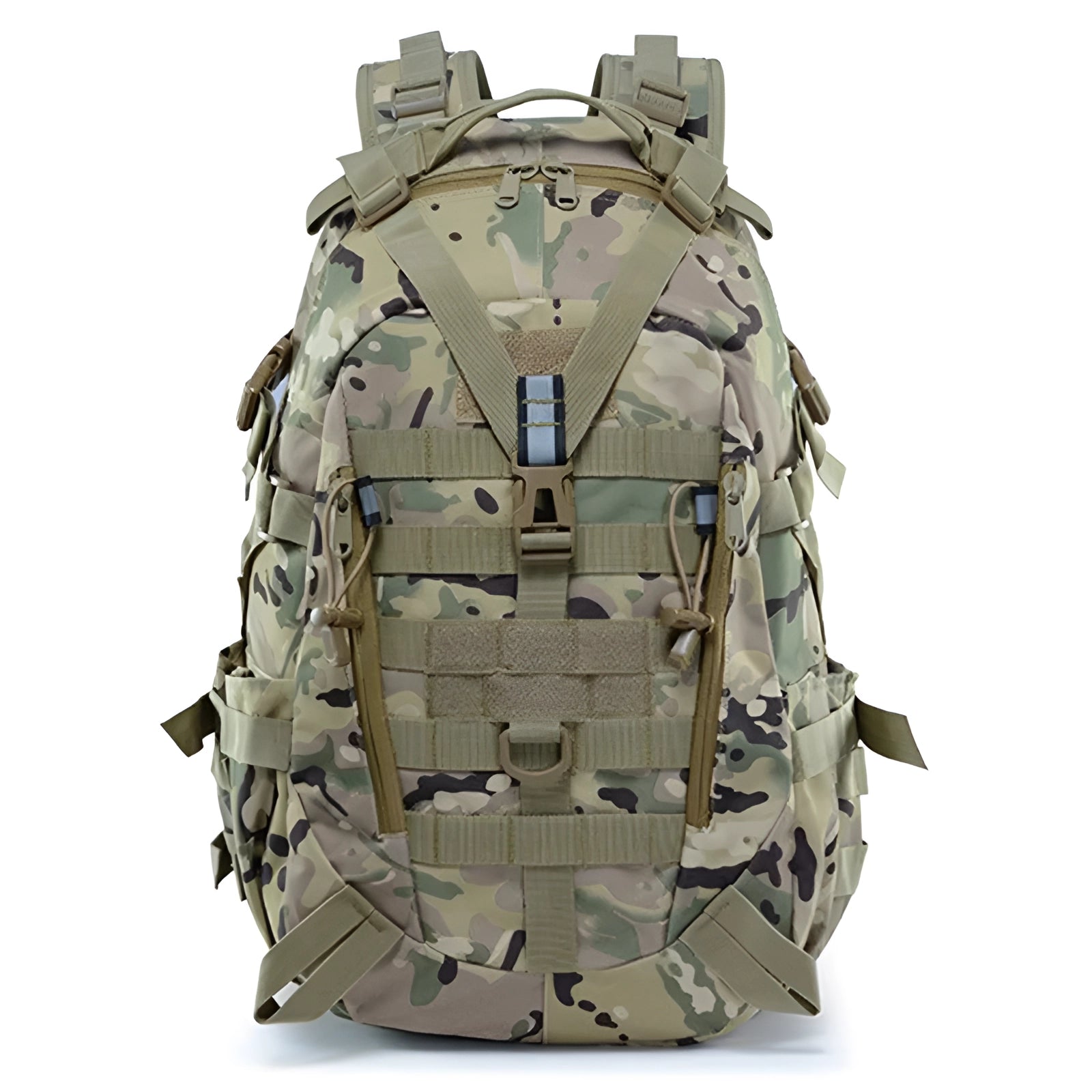 Tactical MOLLE backpack in olive drab with a camouflage pattern, designed for military use, featuring multiple compartments and a high-capacity of 30-40 liters.